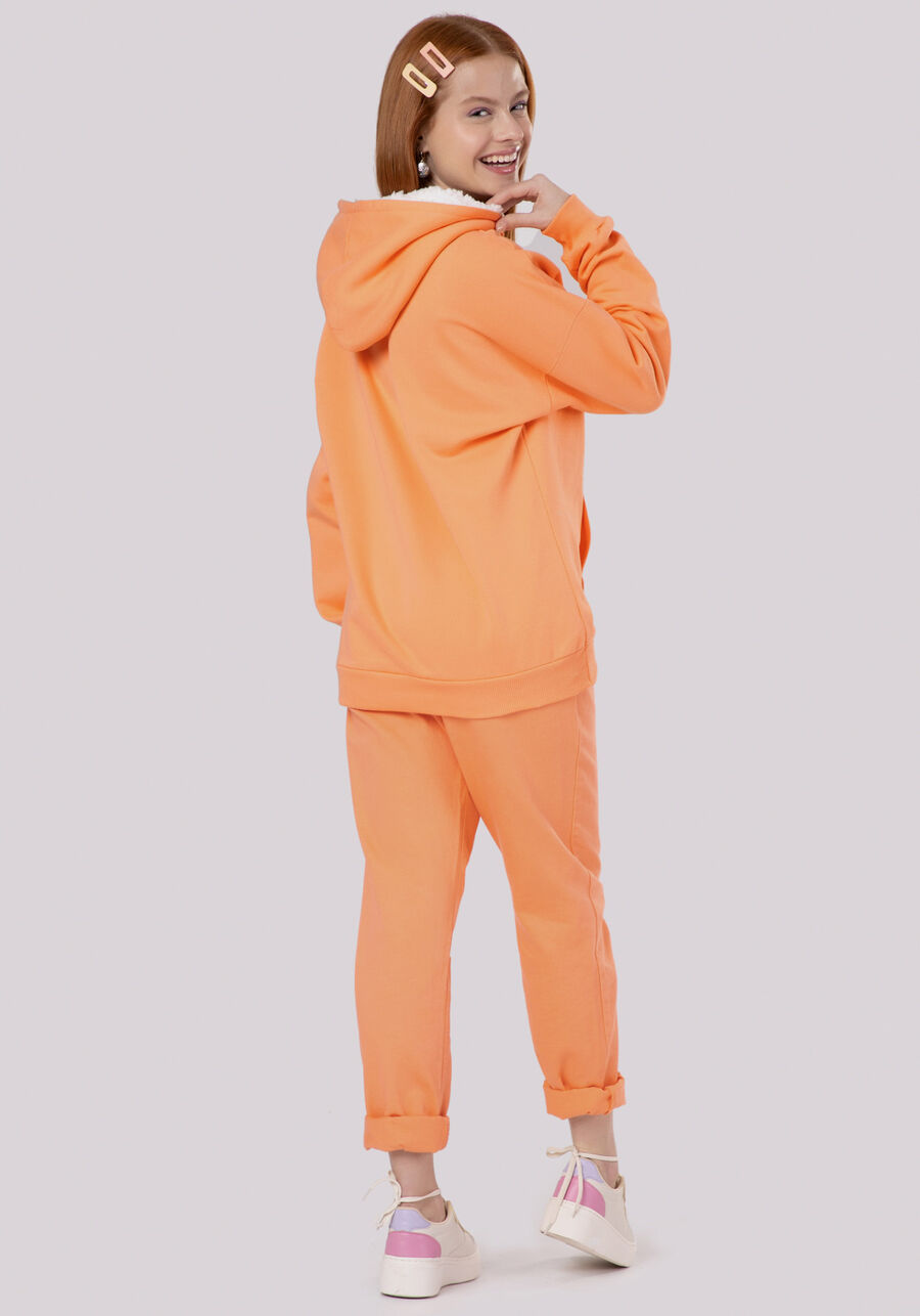 Blusão Juvenil em Moletom com Capuz Pelo, LARANJA BRIGHT. Blusão Juvenil em Moletom com Capuz Pelo, LARANJA BRIGHT, large.