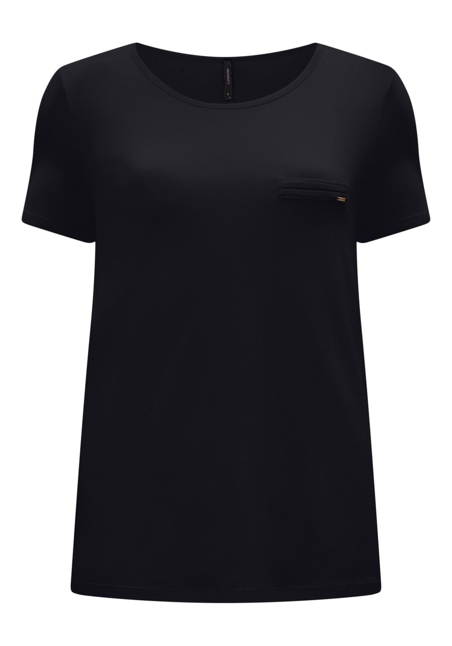 Blusa De Mangas Curtas Em Malha Lisa Com Detalhe Frontal, PRETO REATIVO. Blusa De Mangas Curtas Em Malha Lisa Com Detalhe Frontal, PRETO REATIVO, large.