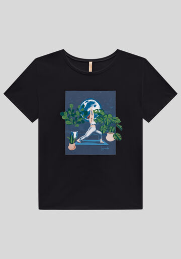 T-shirt Plus Size em Malha com Estampa Yoga, PRETO REATIVO, large.