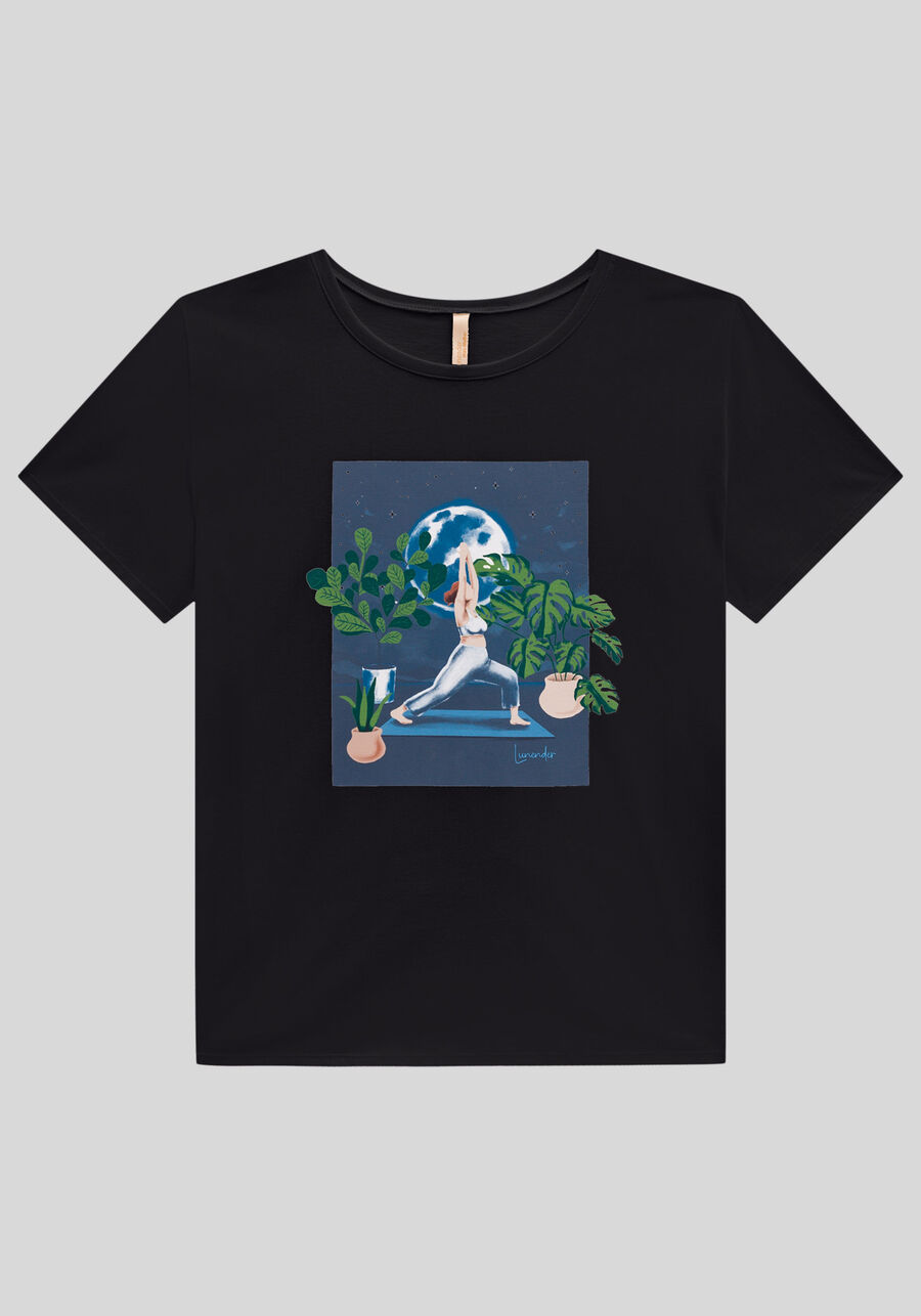 T-shirt Plus Size em Malha com Estampa Yoga, PRETO REATIVO, large.