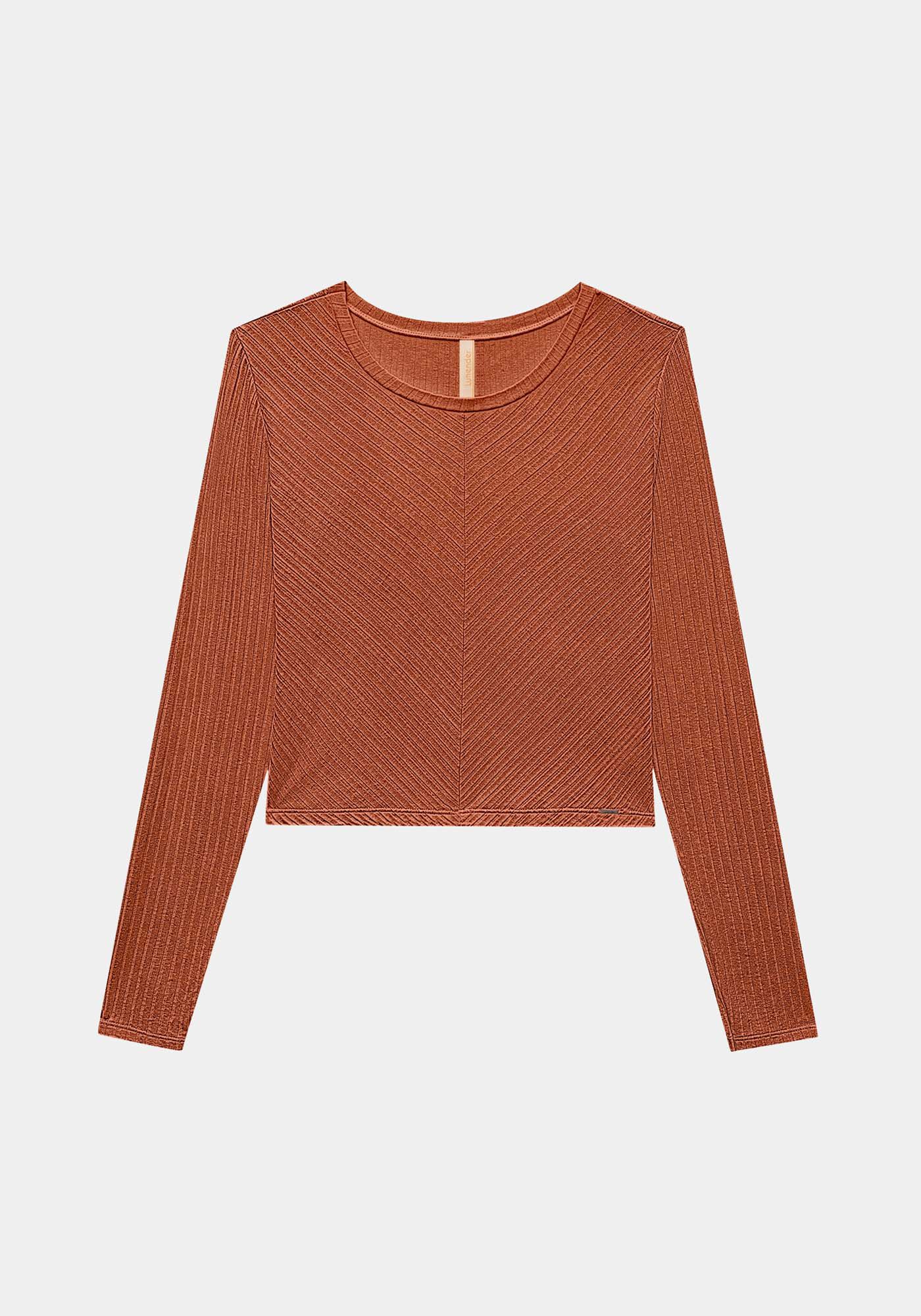 Blusa De Mangas Longas Com Gola Redonda Em Malha Canelada, , large.