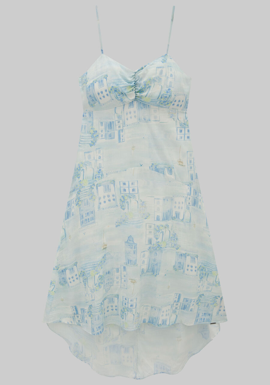 Vestido Midi Estampado em Viscose com Franzido, ACORES AZUL, large.