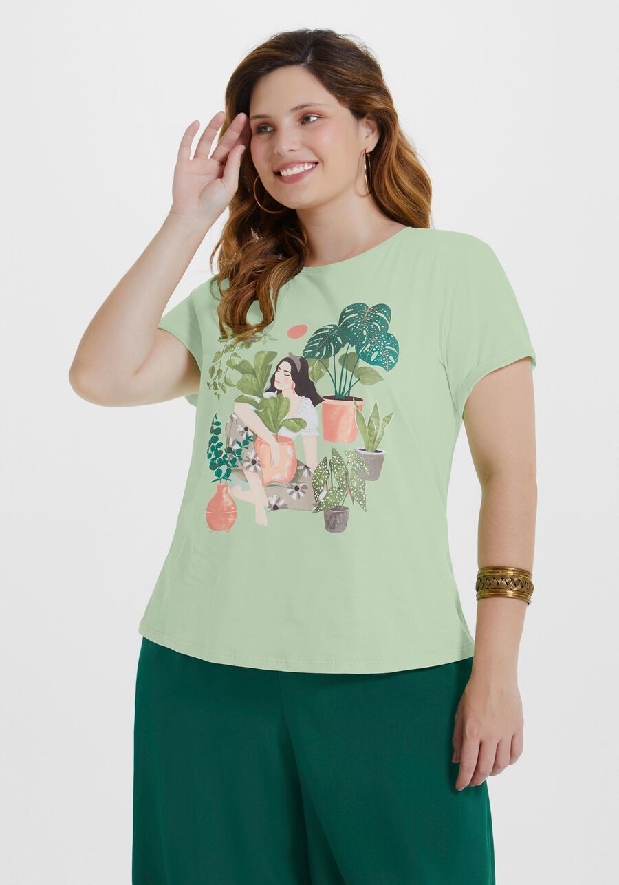 T-shirt Plus Size com Estampa Botânica, VERDE ORION. T-shirt Plus Size com Estampa Botânica, VERDE ORION, large.
