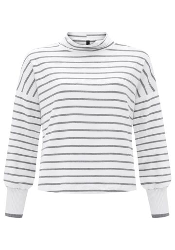 Blusão Listrado Com Gola Alta E Punhos Em Retilínea, MESCLA MEDIO. Blusão Listrado Com Gola Alta E Punhos Em Retilínea, MESCLA MEDIO, large.