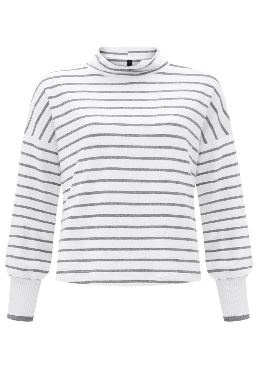 Blusão Listrado Com Gola Alta E Punhos Em Retilínea, MESCLA MEDIO. Blusão Listrado Com Gola Alta E Punhos Em Retilínea, MESCLA MEDIO, large.