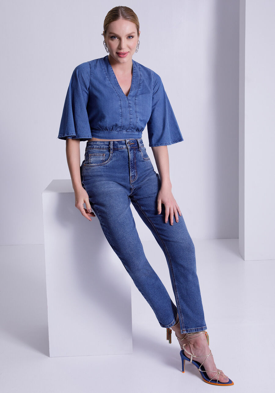 Blusa Jeans Cropped com Manga Flare, JEANS. Blusa Jeans Cropped com Manga Flare, JEANS, large.