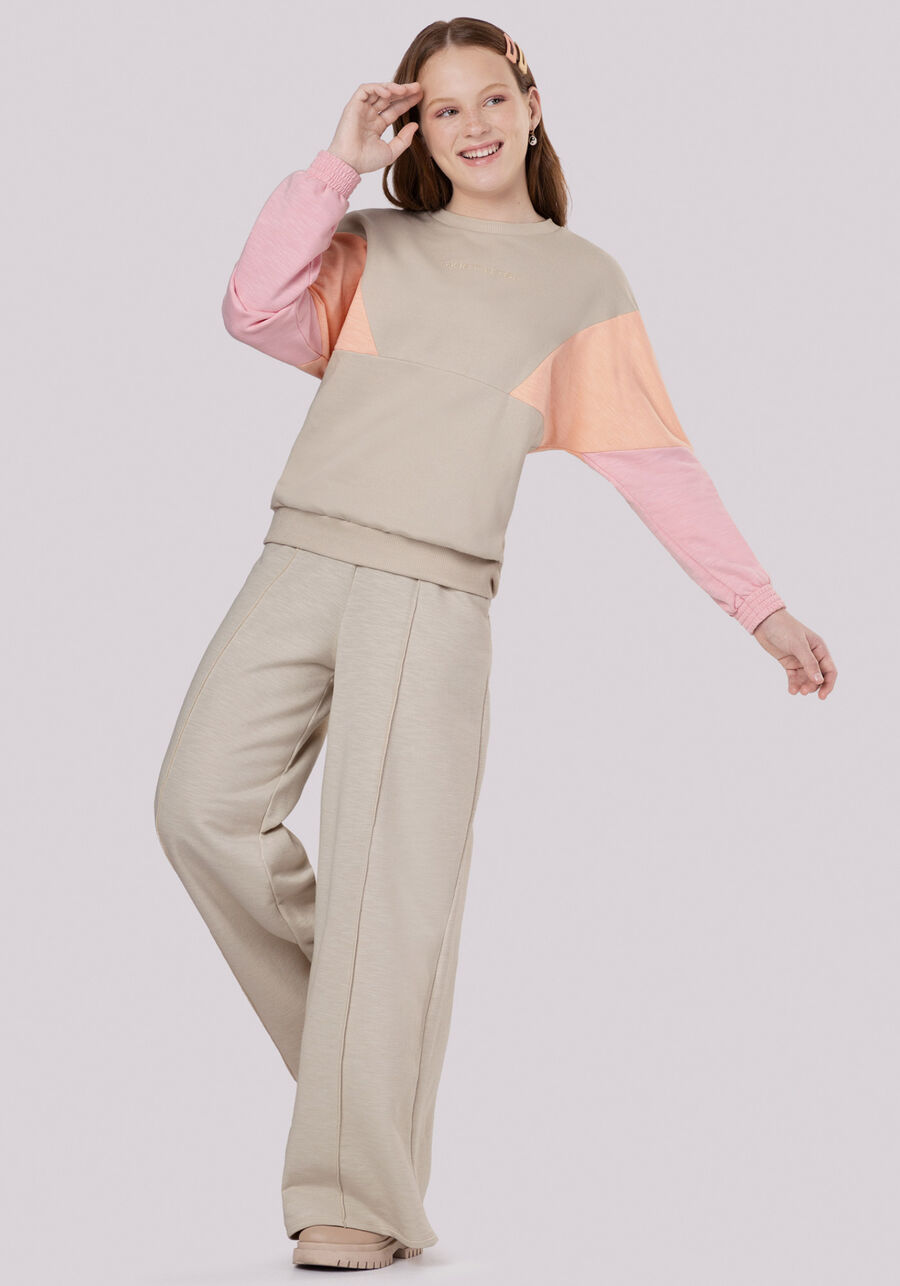 Blusão Juvenil em Moletom com Recortes, BEGE SYSTEM. Blusão Juvenil em Moletom com Recortes, BEGE SYSTEM, large.