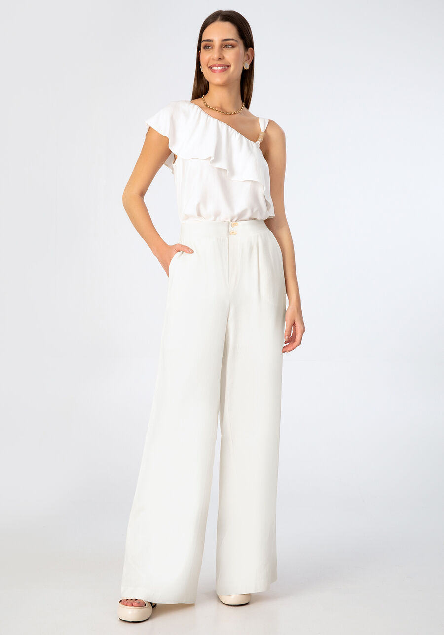 Calça Wide Leg em Linho com Bolsos, BRANCO OFF WHITE. Calça Wide Leg em Linho com Bolsos, BRANCO OFF WHITE, large.