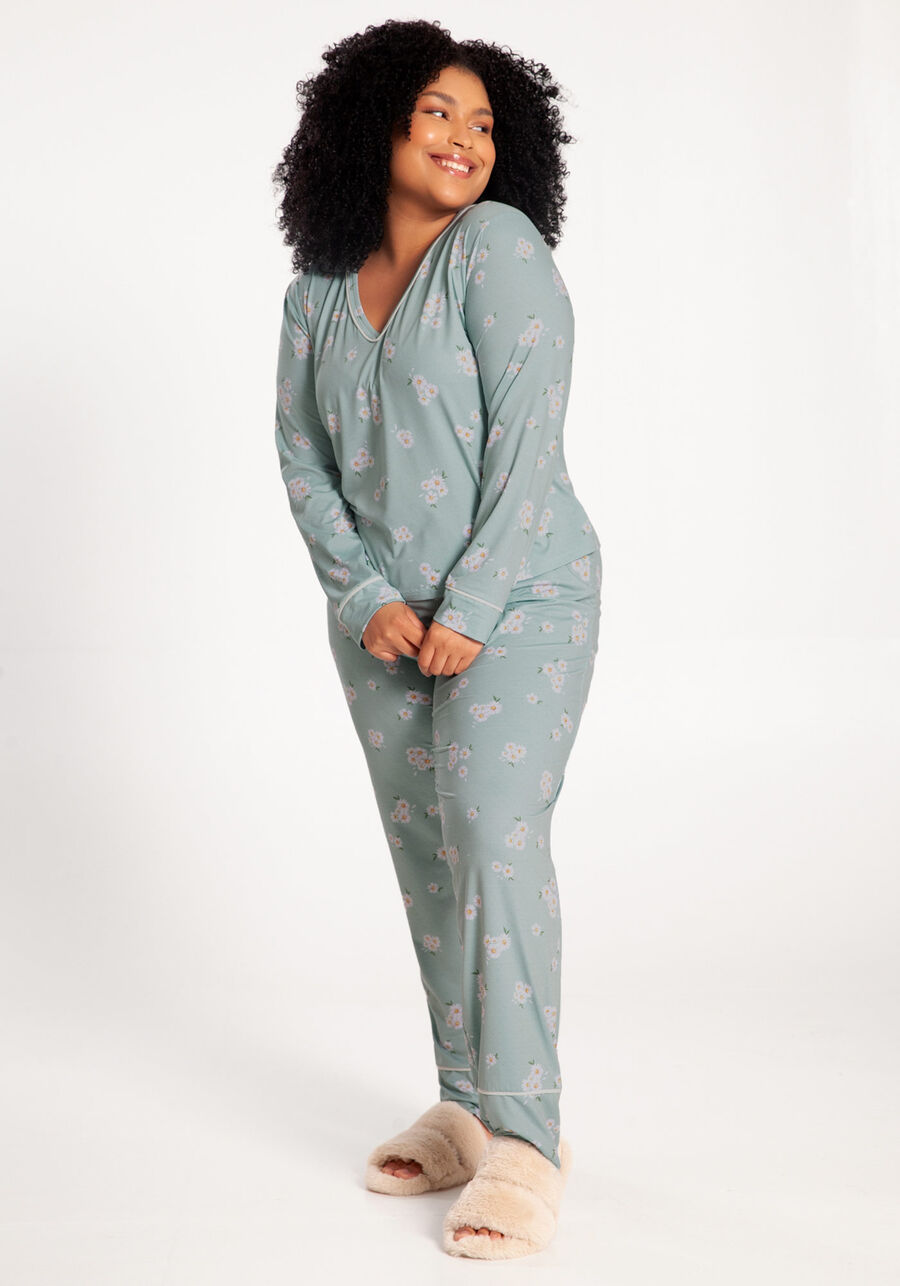 Pijama Plus Size Longo em Tecido Decote V, , large.
