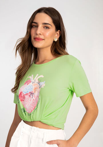 T-shirt em Malha com Estampa Coração, VERDE MARES, large.