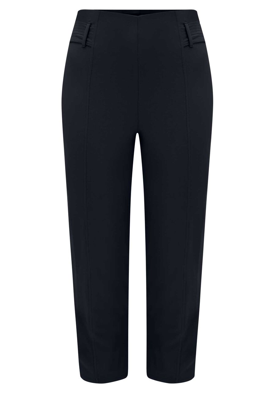 Calça Reta Com Cintura Alta E Nervuras Em Malha Crepe, PRETO. Calça Reta Com Cintura Alta E Nervuras Em Malha Crepe, PRETO, large.
