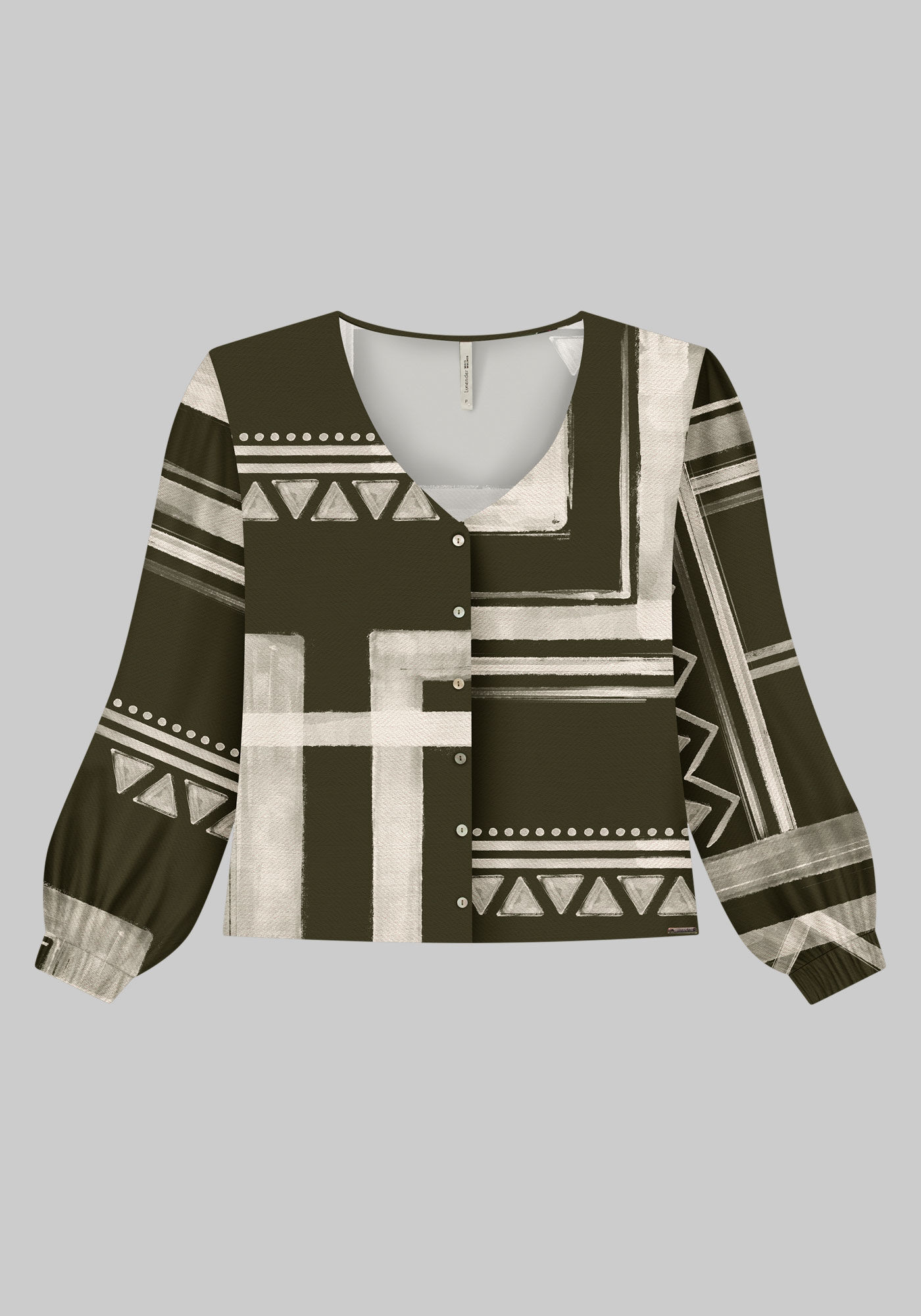 Camisa Manga Longa Bufante Plus Size Estampada, ESSENCIA VERDE, large.