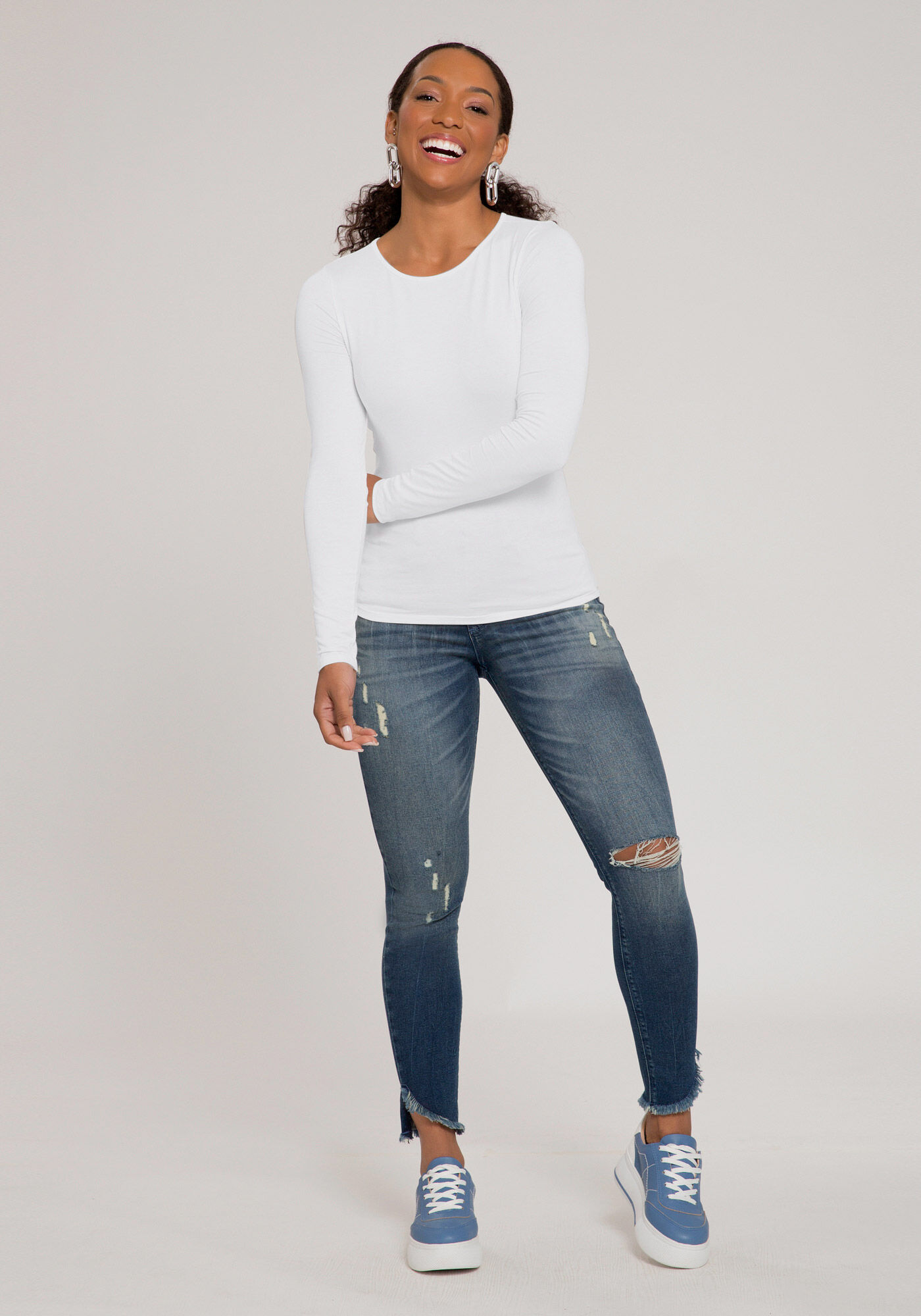 Blusa B&aacute;sica De Mangas Longas Em Malha Com Elastano, , large.