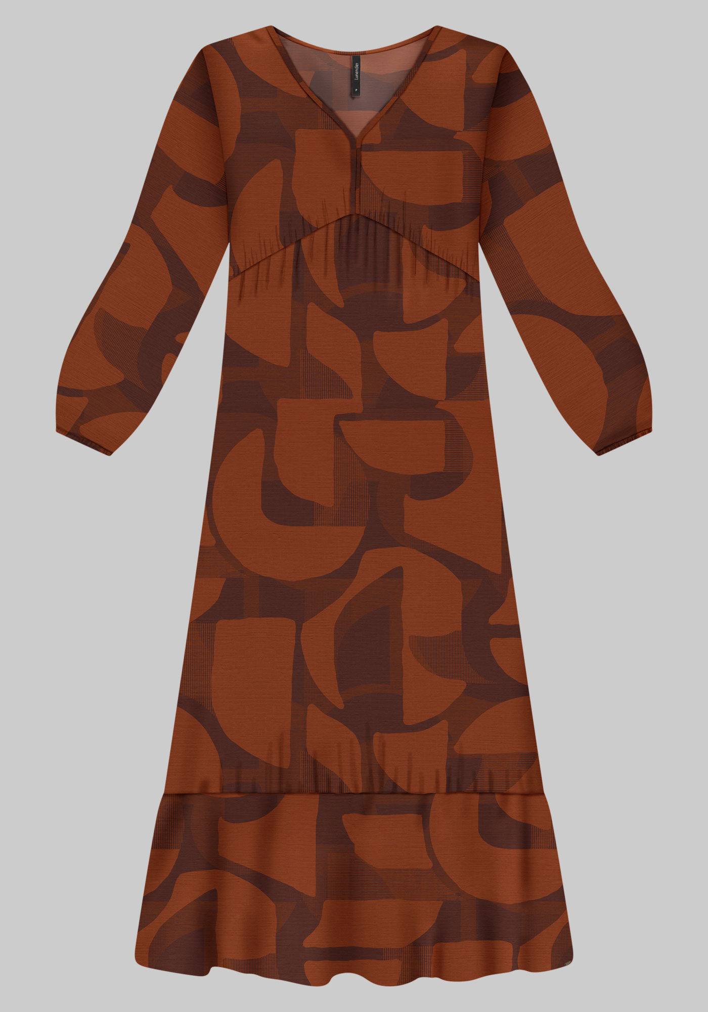 Vestido Longo Estampado em Viscose com Manga Longa, MOLDURA MARROM, large.