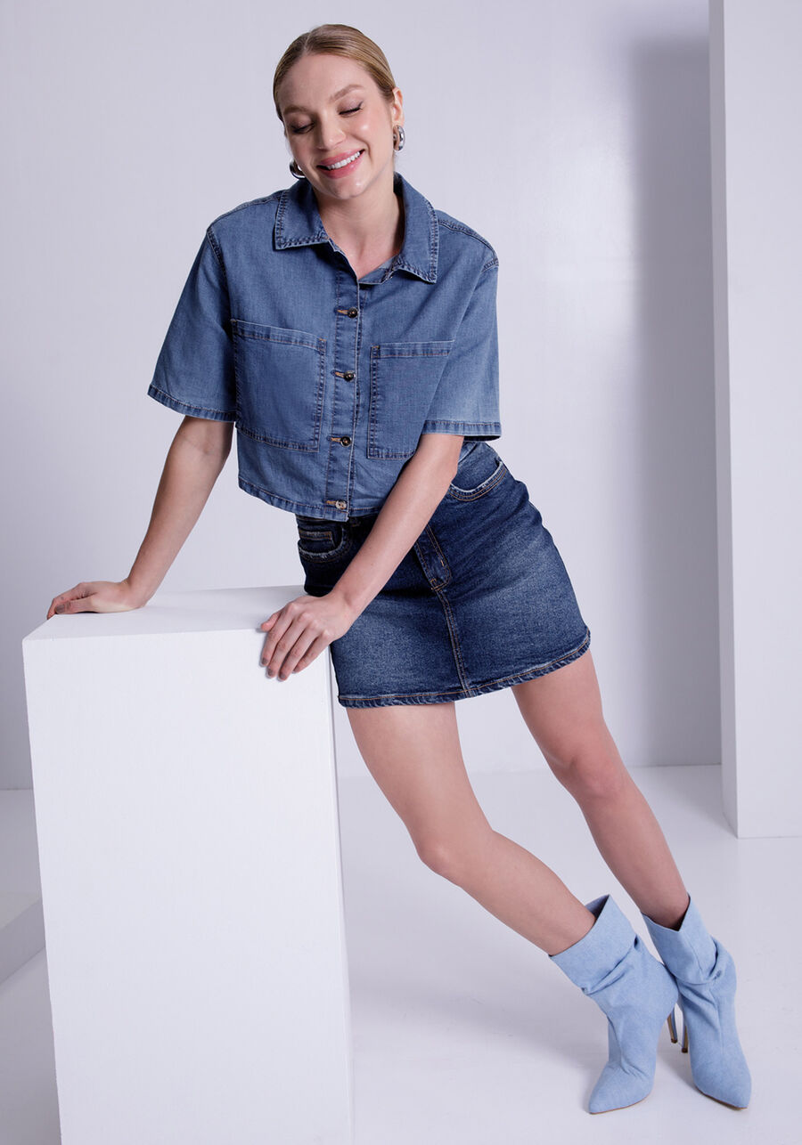 Camisa Jeans Cropped Manga Curta com Bolsos, . Camisa Jeans Cropped Manga Curta com Bolsos, , large.
