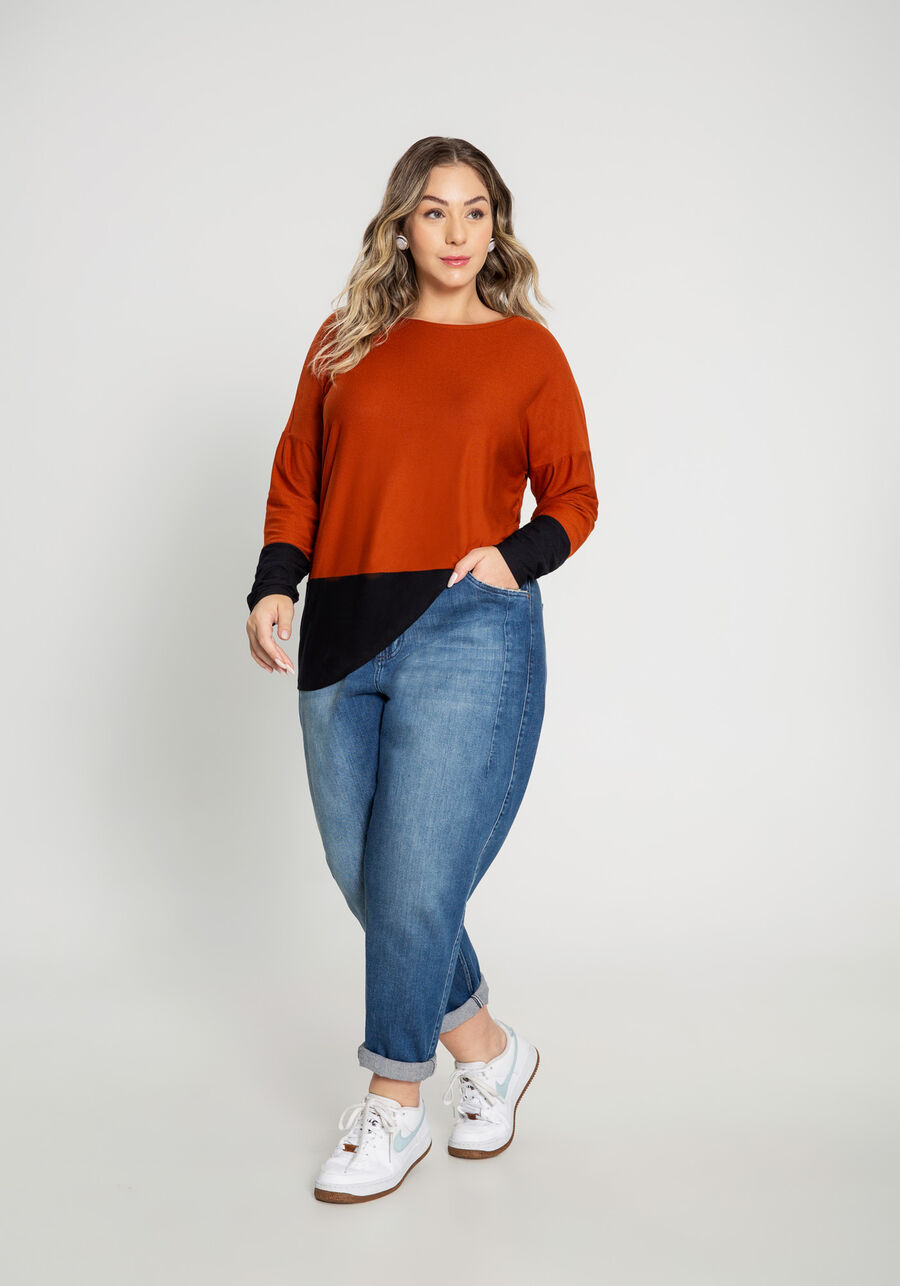Blusa Manga Longa em Malha Bicolor Plus Size, . Blusa Manga Longa em Malha Bicolor Plus Size, , large.