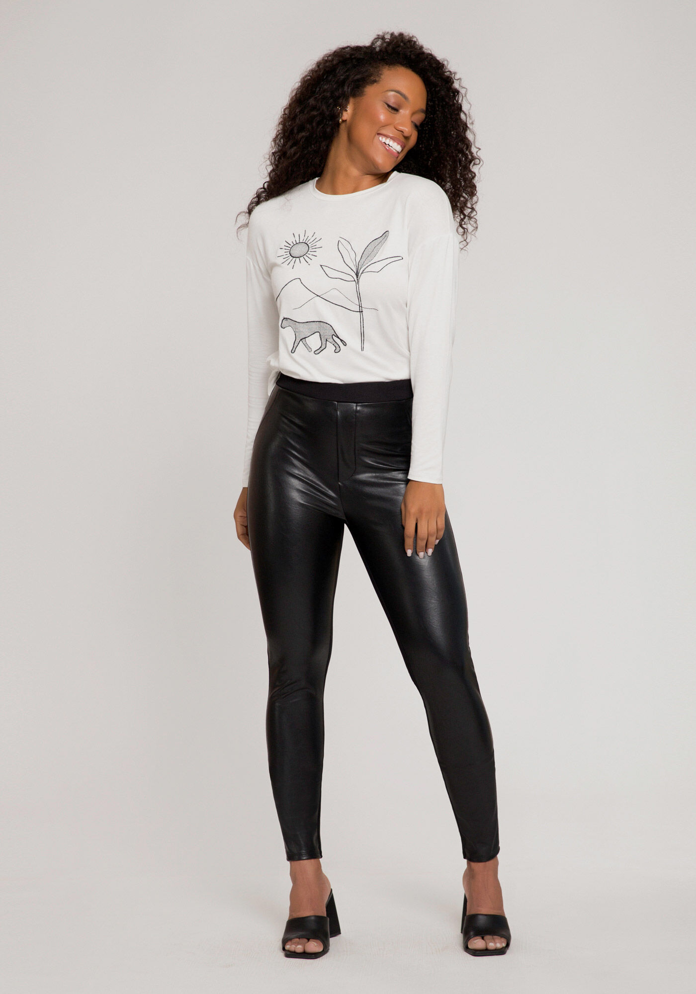 Cal&ccedil;a Legging em Malha e PU com Cintura M&eacute;dia, , large.