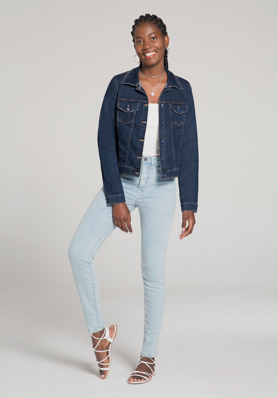 Jaqueta Jeans com Elastano Manga Longa, JEANS ESCURO. Jaqueta Jeans com Elastano Manga Longa, JEANS ESCURO, large.