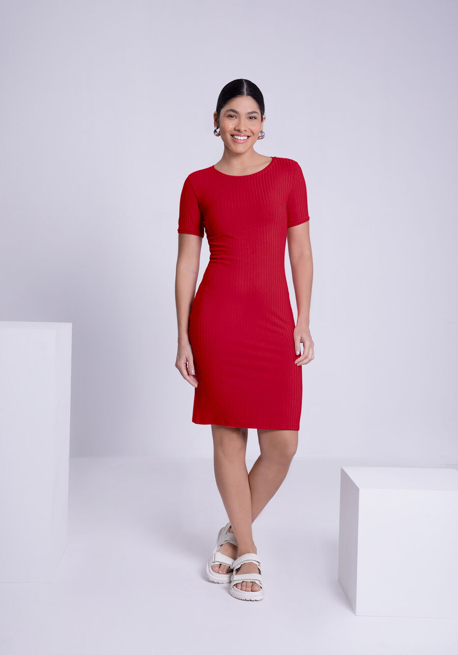 Vestido Curto Canelado Básico De Mangas Curtas Em Malha, . Vestido Curto Canelado Básico De Mangas Curtas Em Malha, , large.