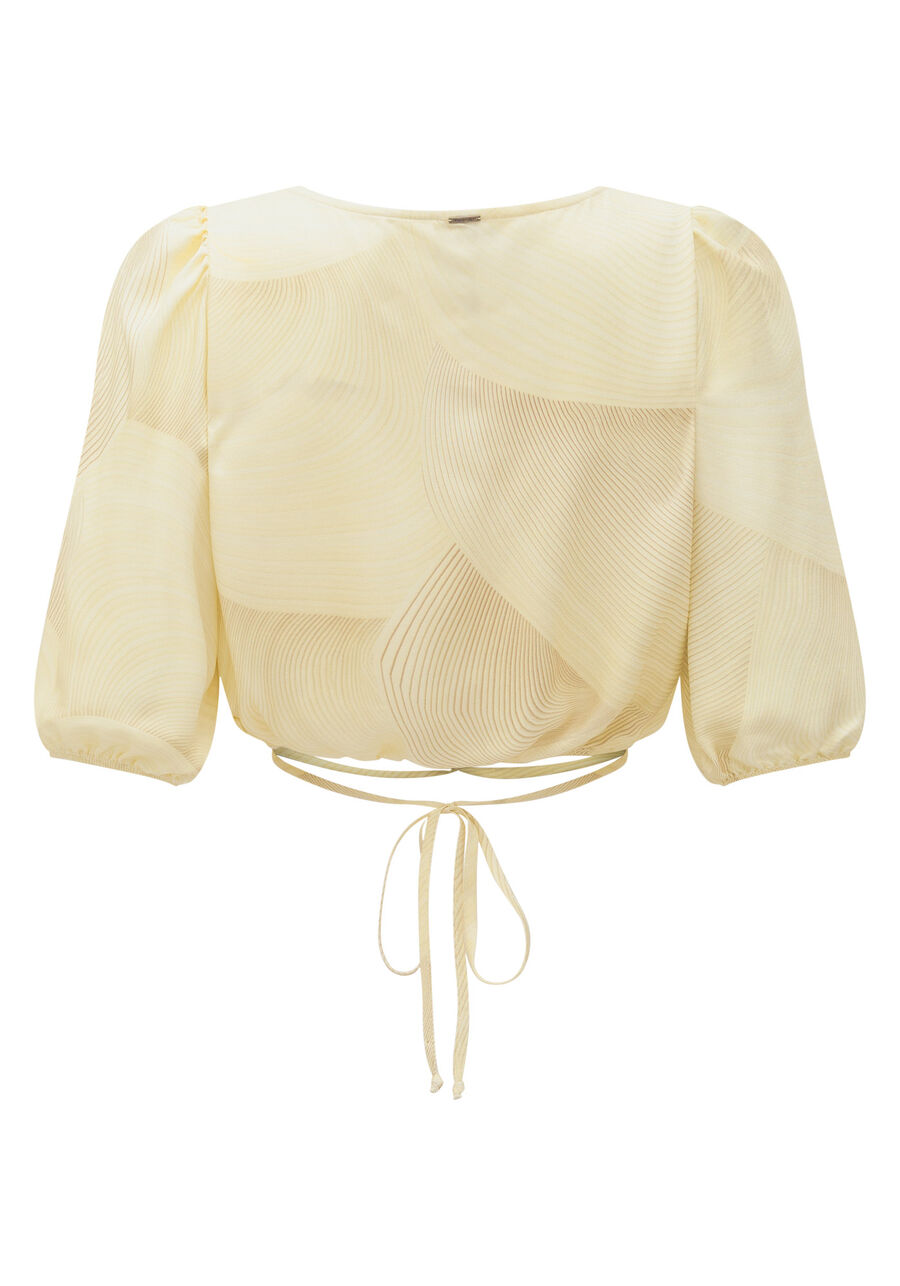 Blusa Cropped Estampada De Mangas Médias Com Amarração, AFETO OFF. Blusa Cropped Estampada De Mangas Médias Com Amarração, AFETO OFF, large.