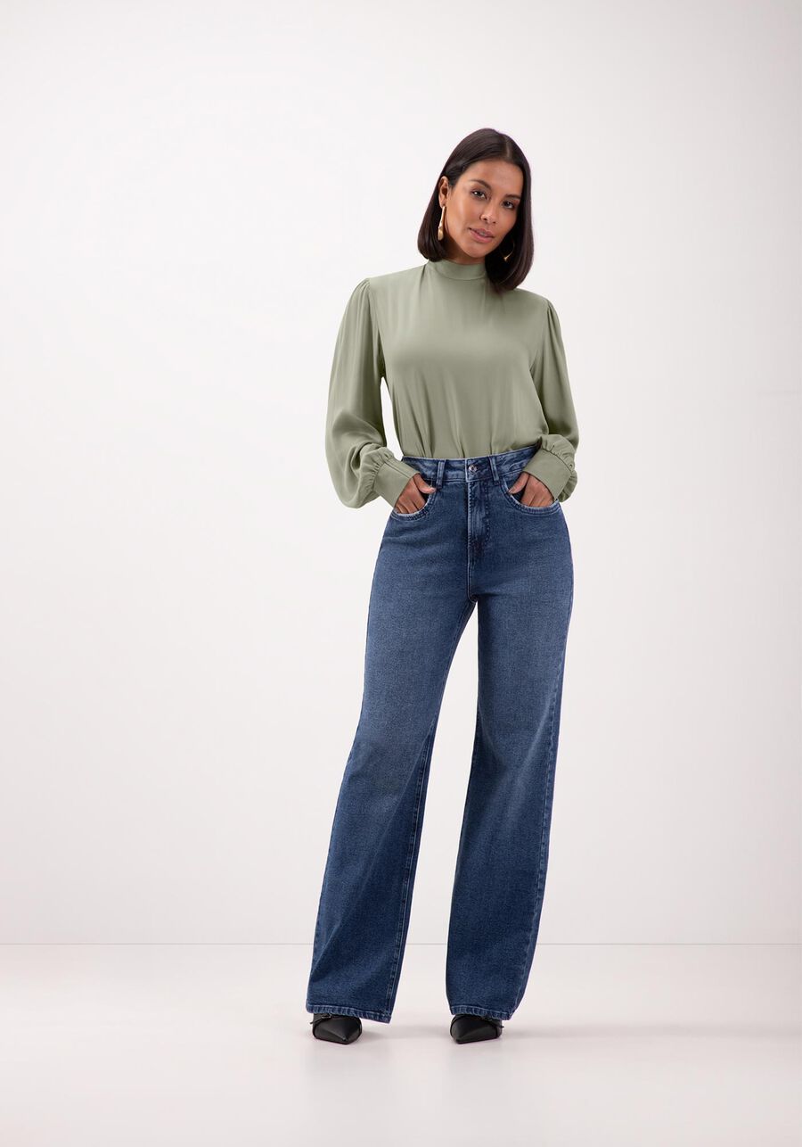 Calça Jeans Wide Leg De Cintura Alta Com Bolsos E Elastano, JEANS. Calça Jeans Wide Leg De Cintura Alta Com Bolsos E Elastano, JEANS, large.