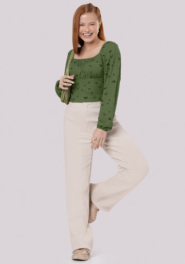 Blusa Juvenil Estampada com Manga Longa Bufante, HEART BREAKER VERDE. Blusa Juvenil Estampada com Manga Longa Bufante, HEART BREAKER VERDE, large.