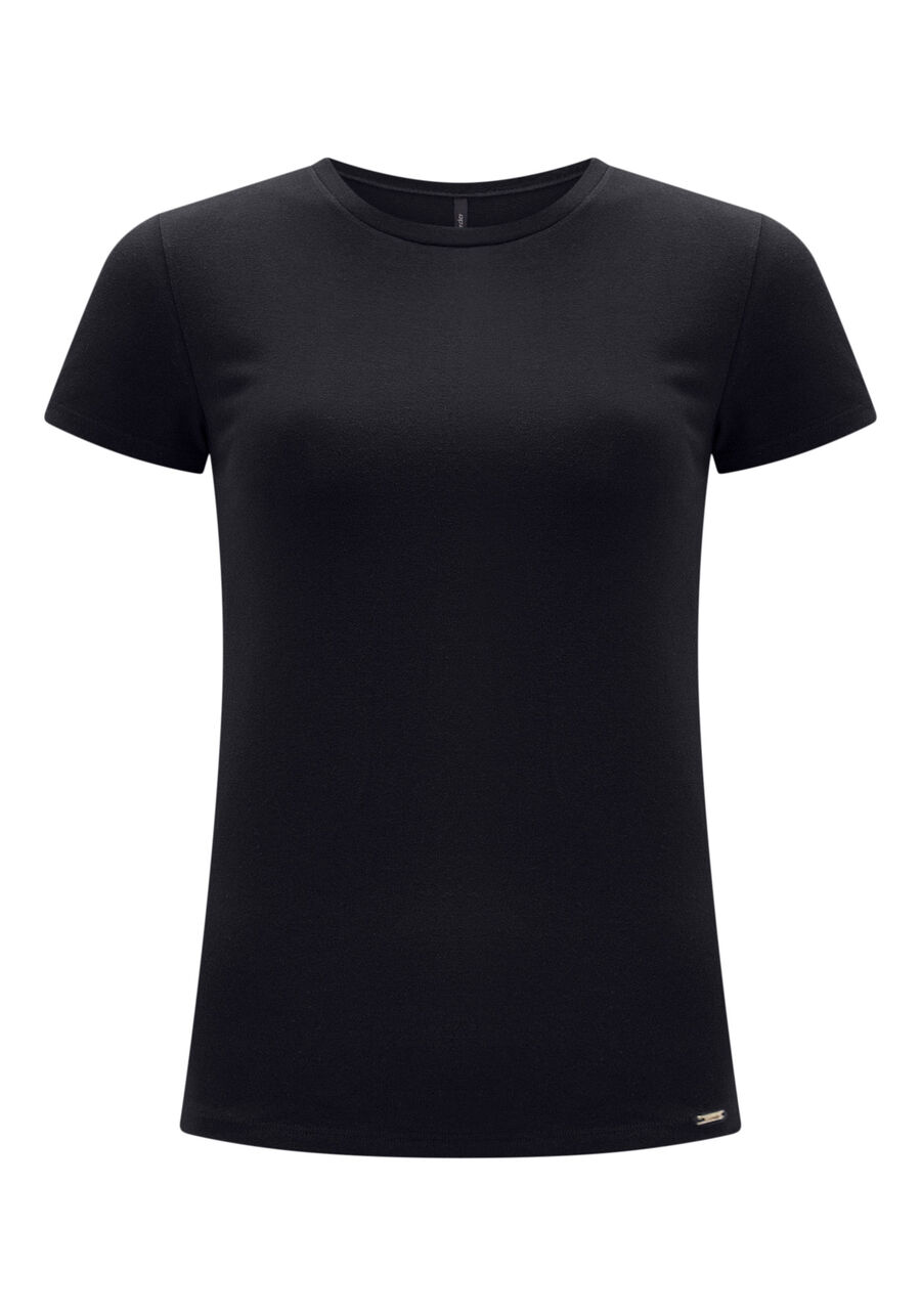 Blusa Básica de Mangas Curtas Em Malha De Algodão E Elastano, PRETO REATIVO. Blusa Básica de Mangas Curtas Em Malha De Algodão E Elastano, PRETO REATIVO, large.