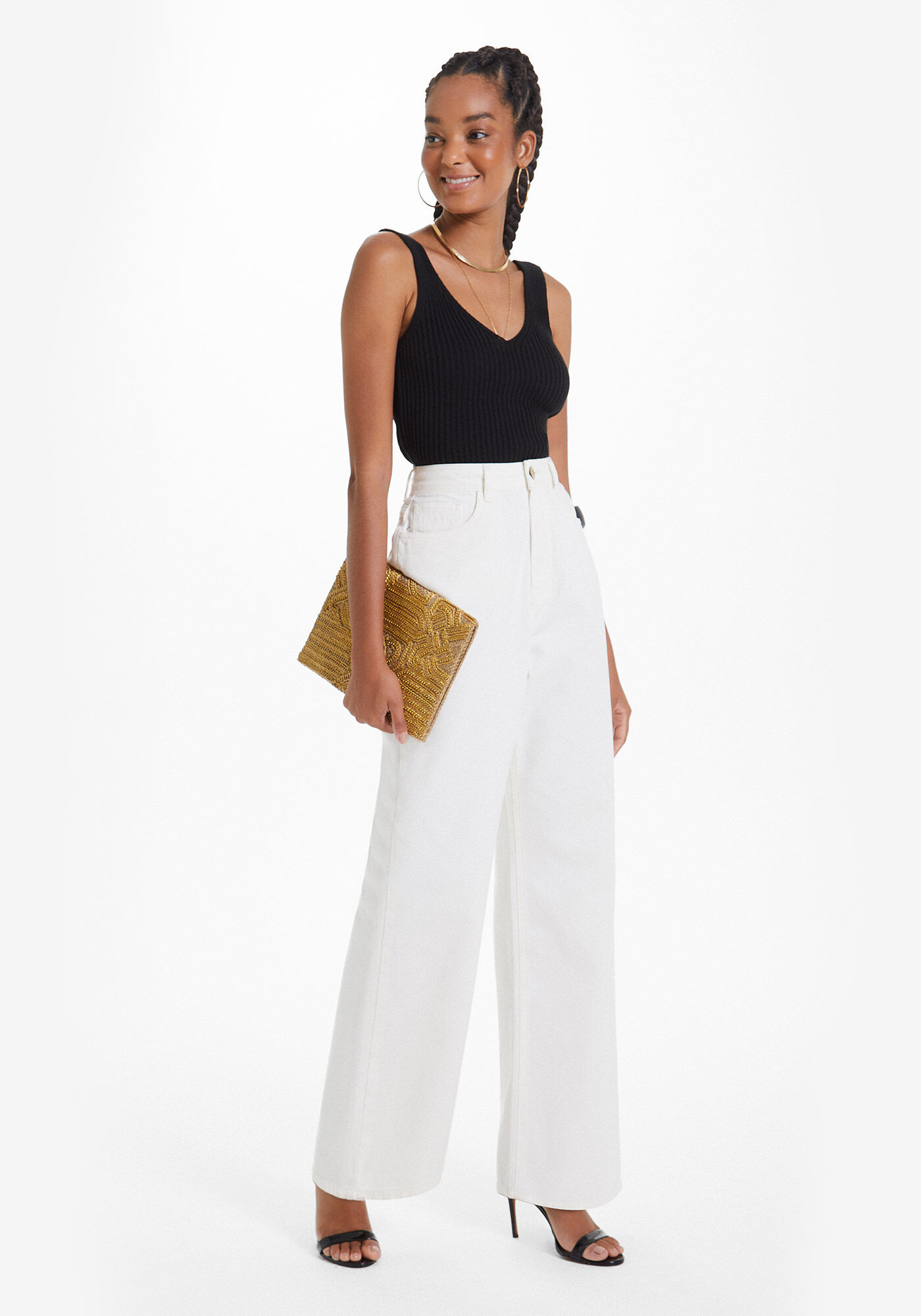 Cal&ccedil;a Sarja Wide Leg com Cintura Alta, BRANCO OFF WHITE, large.