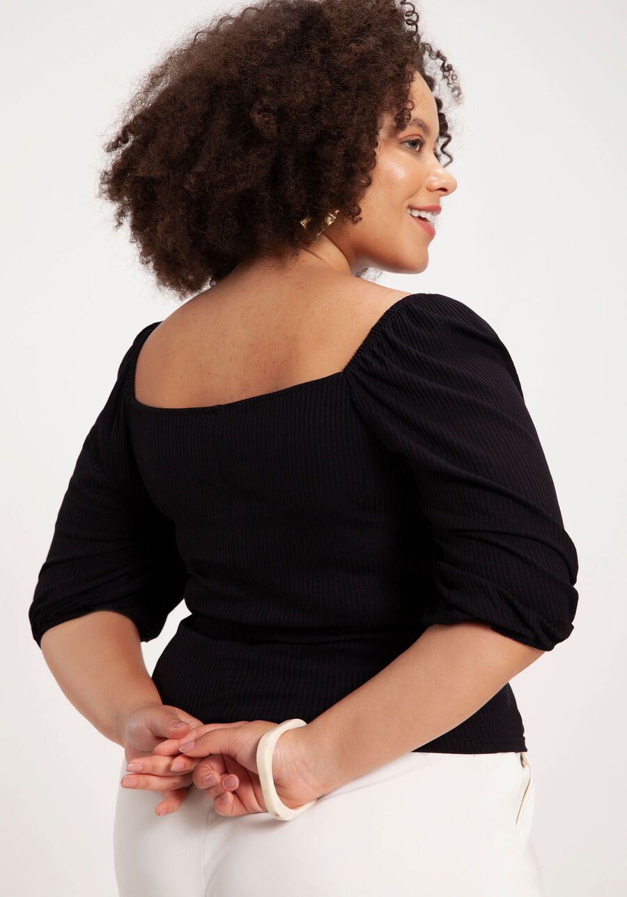 Blusa Plus Size Canelada com Manga Bufante, PRETO REATIVO. Blusa Plus Size Canelada com Manga Bufante, PRETO REATIVO, large.