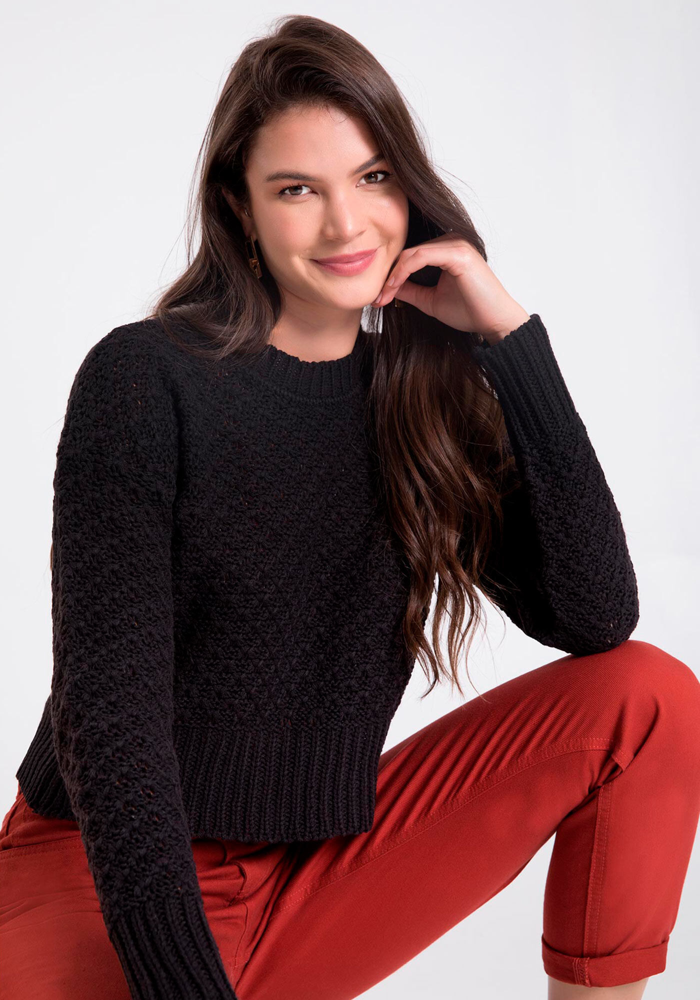 Blus&atilde;o Cropped em Tric&ocirc; com Textura, PRETO REATIVO, large.