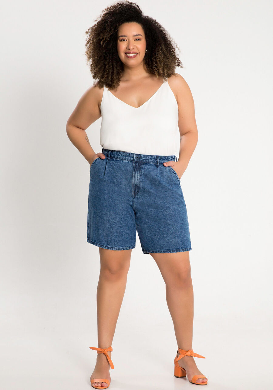 Shorts Jeans Mommy com Cintura Alta Plus Size, JEANS, large.