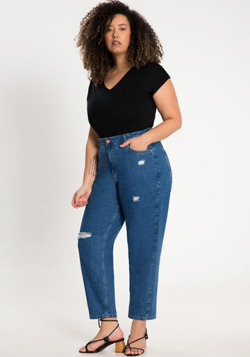 Calça Mommy Jeans com Puídos Plus Size, JEANS, large.