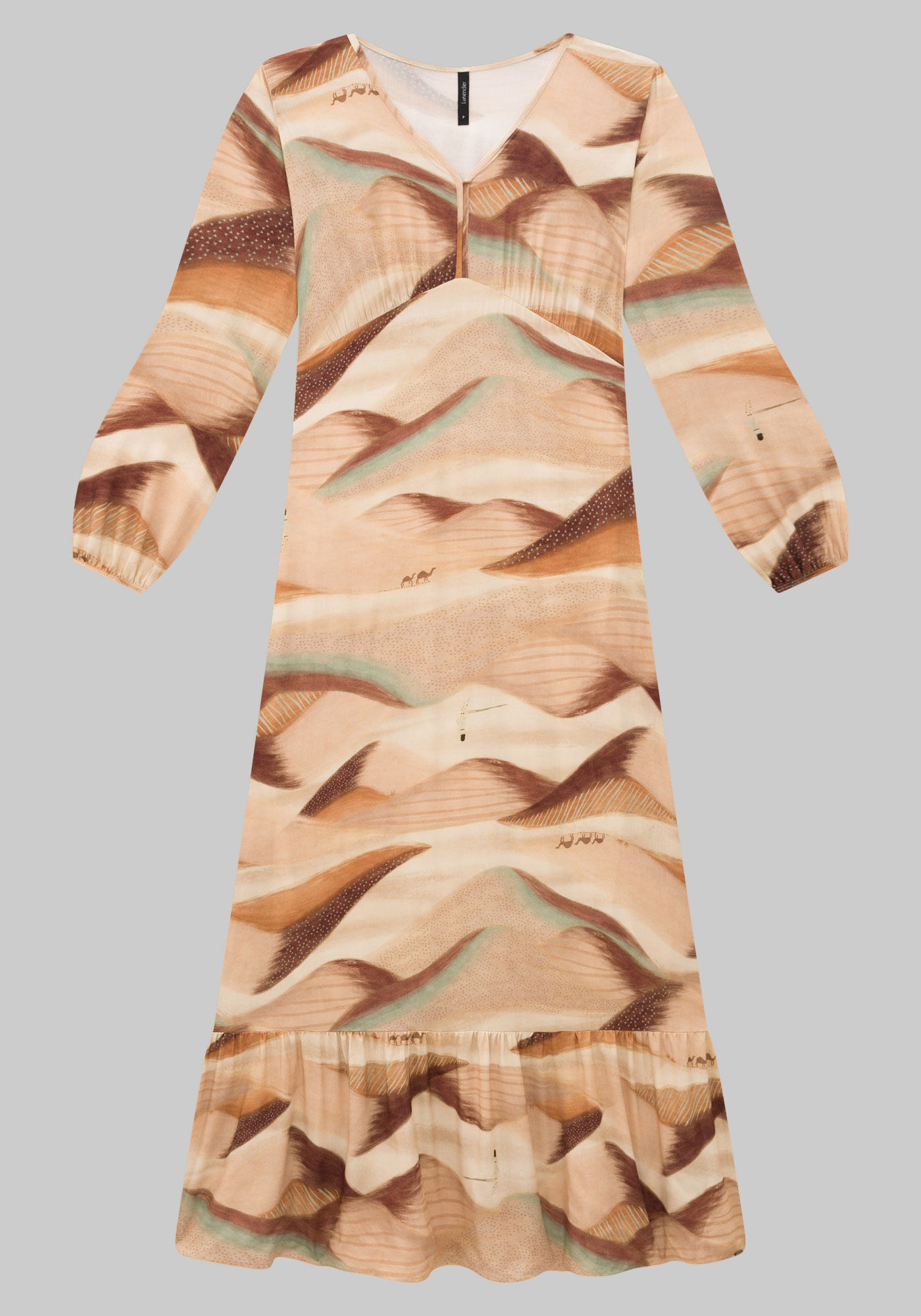 Vestido Longo Estampado em Viscose com Manga Longa, MANSIDAO MARROM, large.