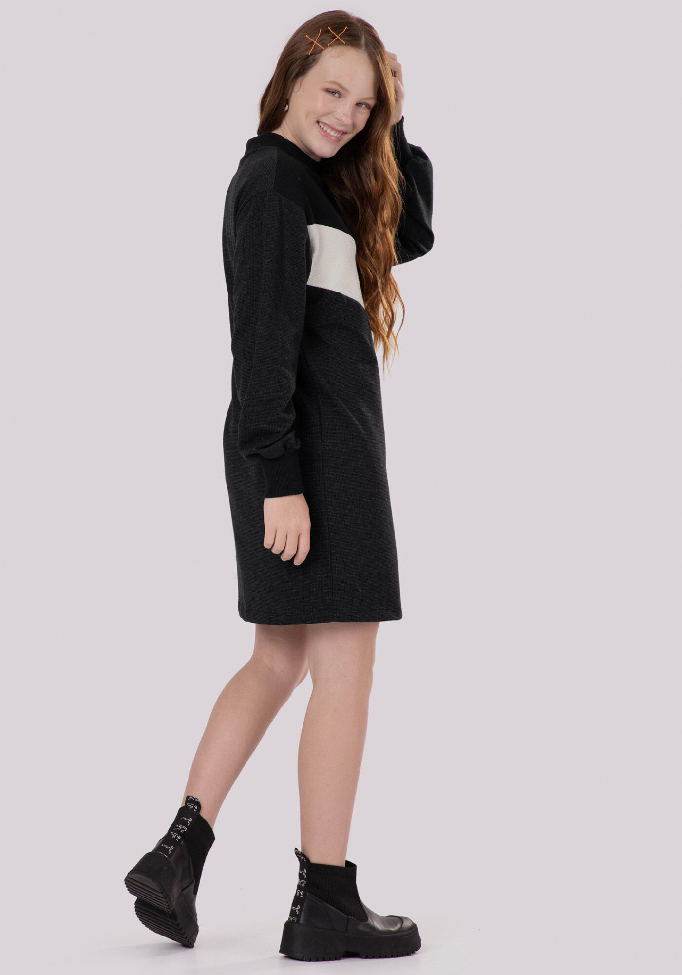 Vestido Curto Juvenil Manga Longa com Recorte, , large.