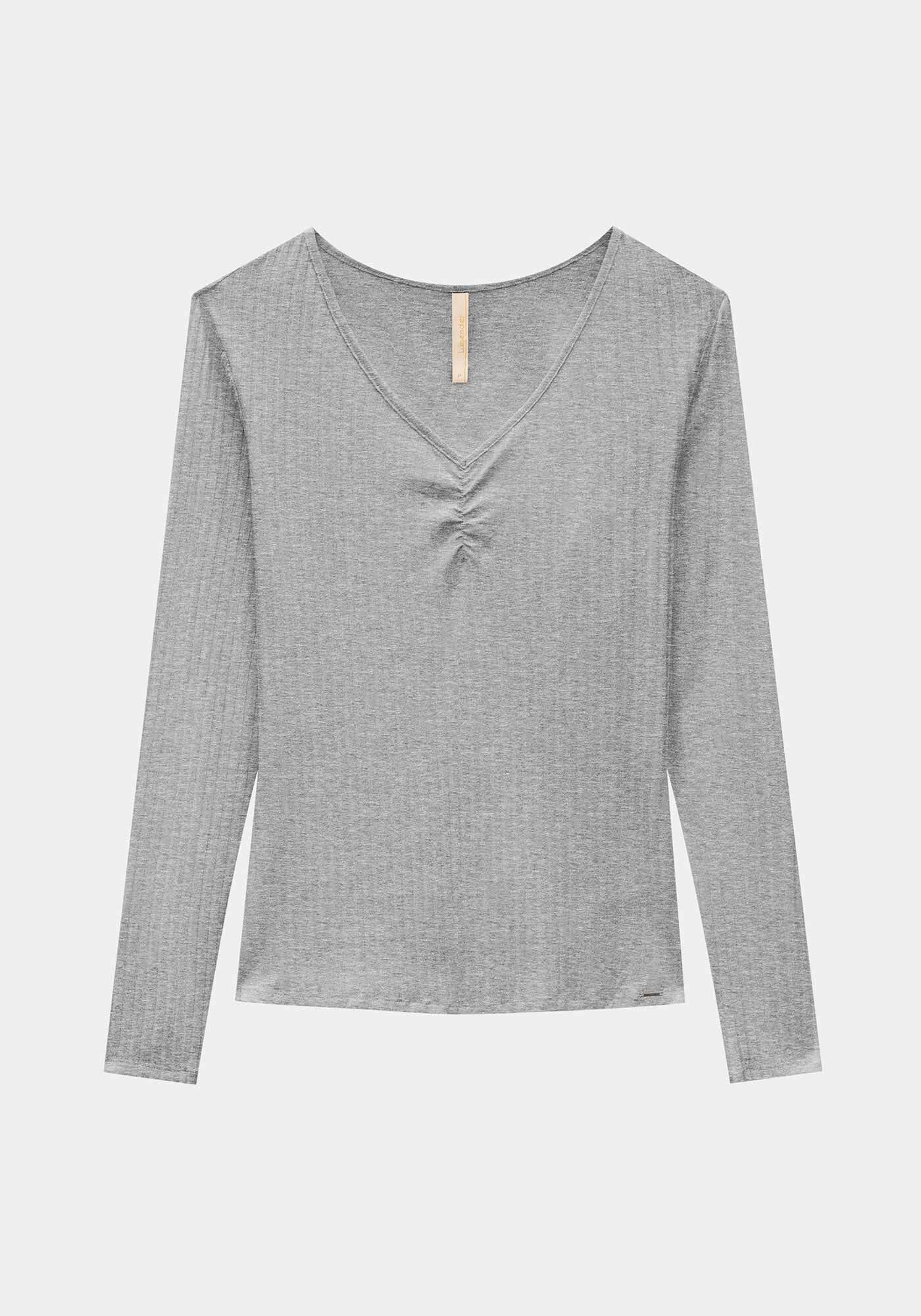 Blusa De Malha Canelada Com Mangas Longas E Decote Em V, , large.