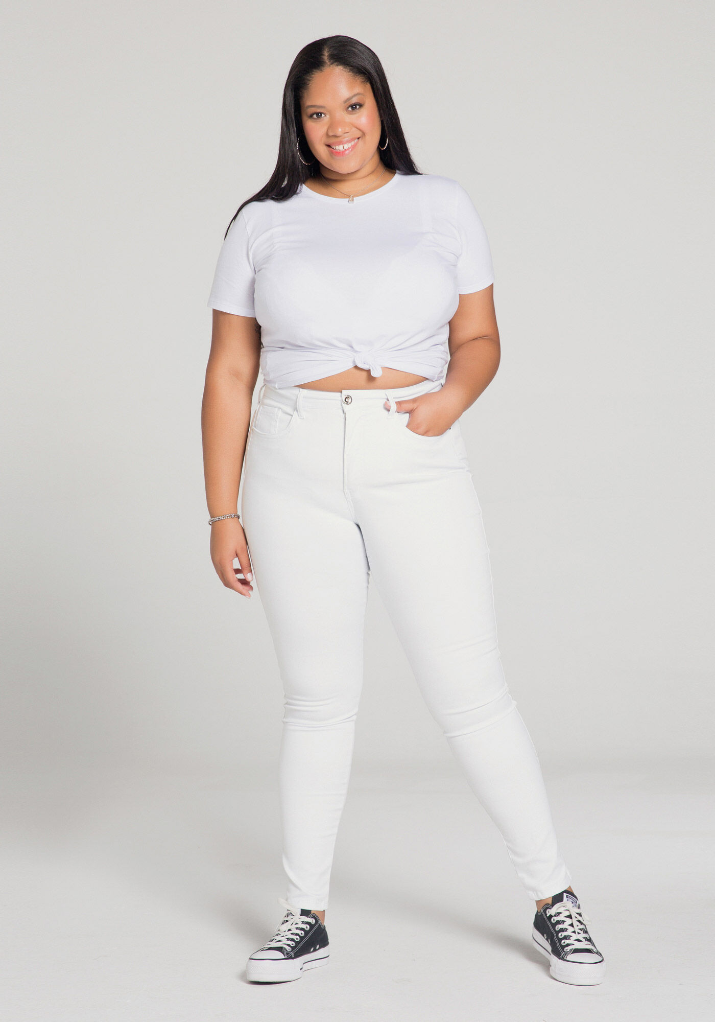 Cal&ccedil;a Skinny Com Cintura M&eacute;dia Em Sarja Com Elastano, BRANCO, large.