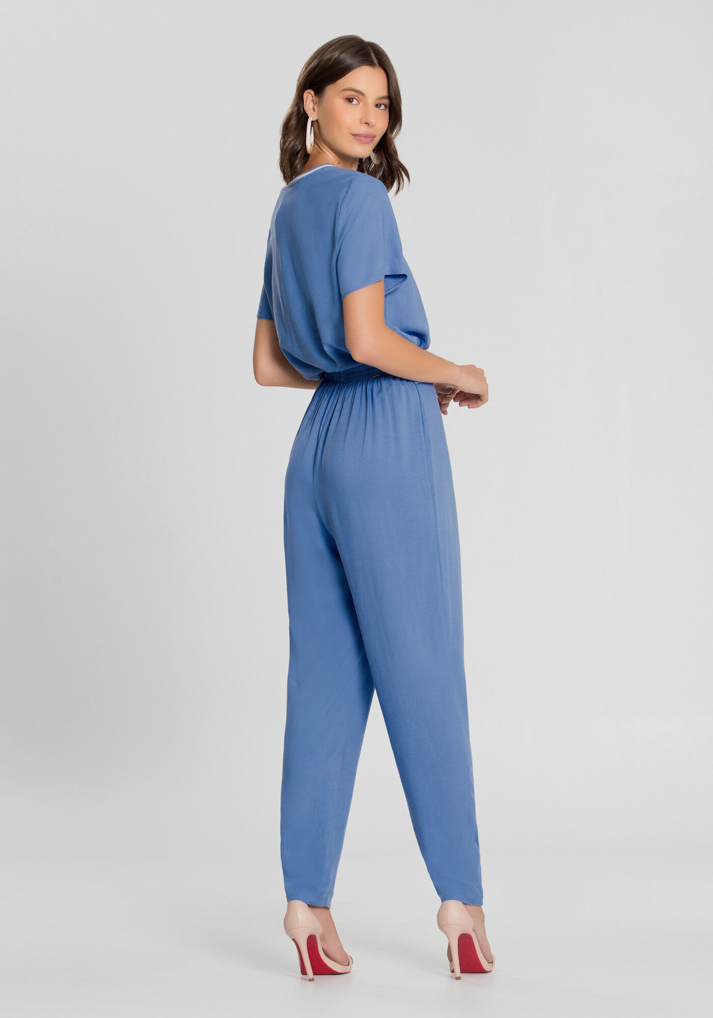 Blusa Tecido Rayon com Retil&iacute;nea, AZUL TRUE, large.