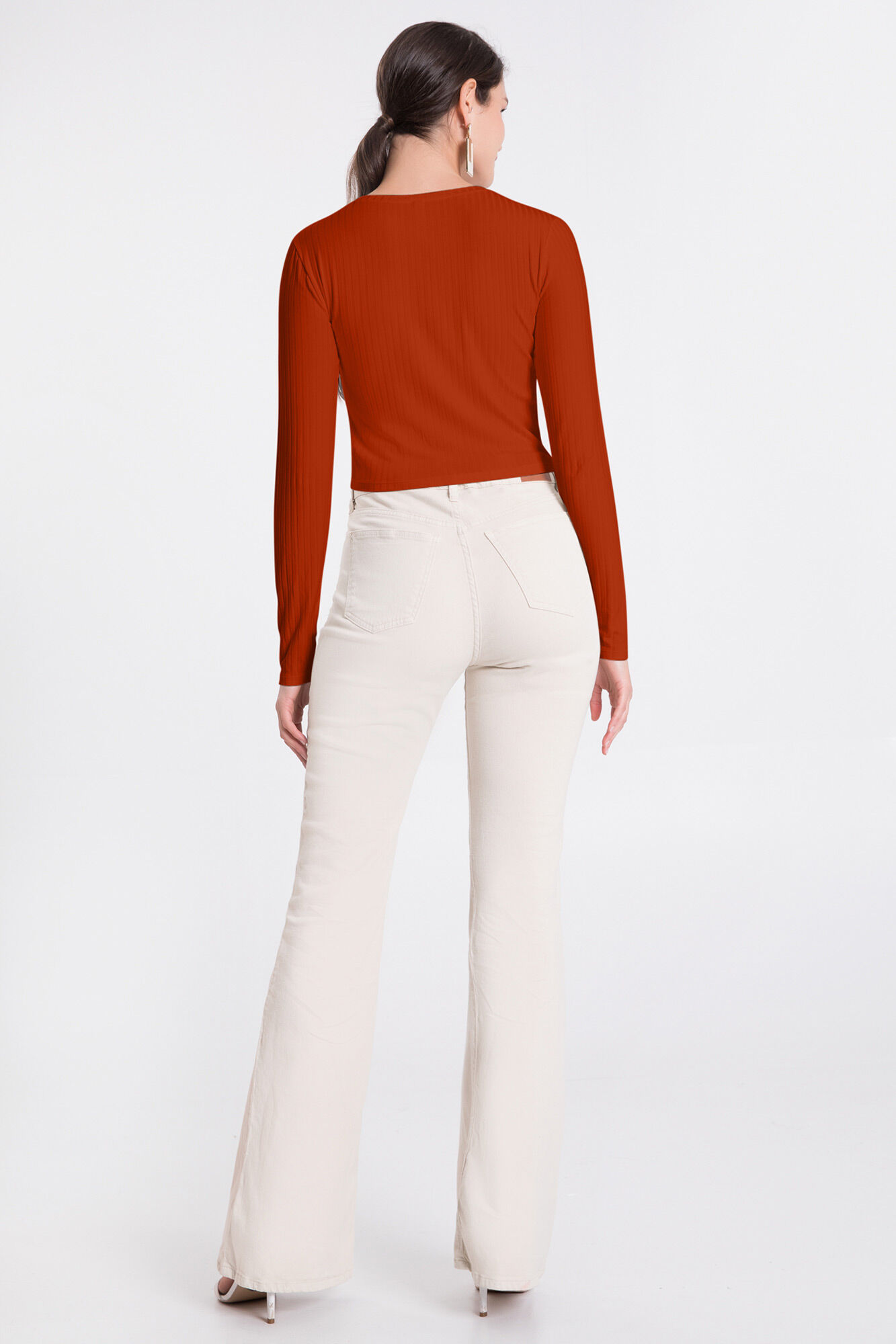 Blusa De Mangas Longas Com Gola Redonda Em Malha Canelada, , large.