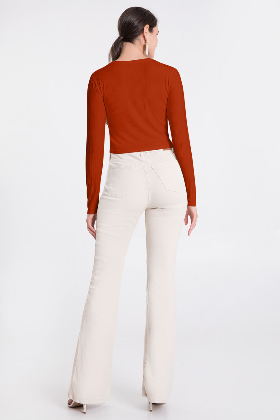 Blusa De Mangas Longas Com Gola Redonda Em Malha Canelada, LARANJA HAPPILY. Blusa De Mangas Longas Com Gola Redonda Em Malha Canelada, LARANJA HAPPILY, large.