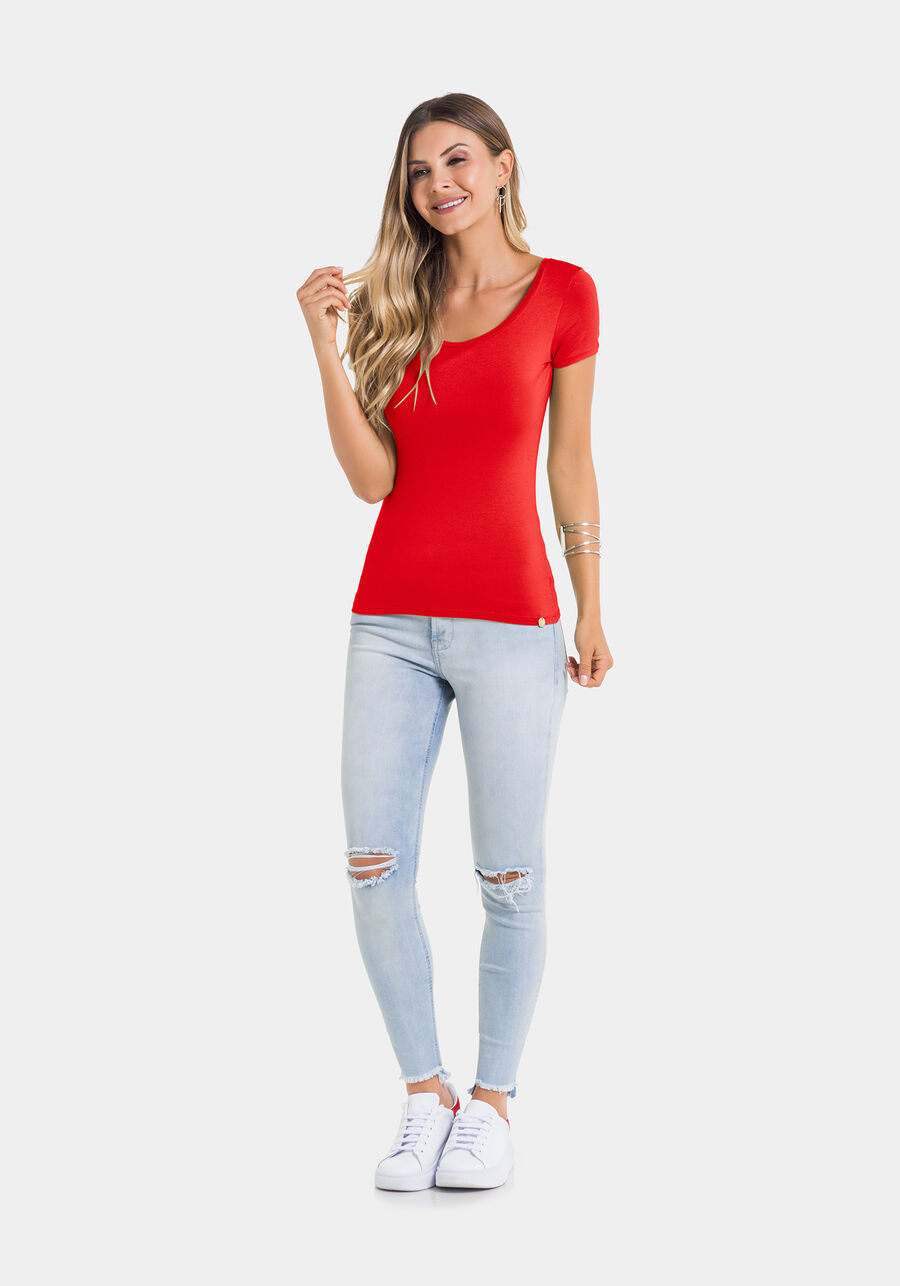 Blusa Básica Lisa De Mangas Curtas Em Malha De Viscose, . Blusa Básica Lisa De Mangas Curtas Em Malha De Viscose, , large.