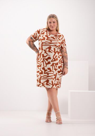 Vestido Curto Estampado Plus Size Com Gola Em Retilínea, ABRACO BEGE. Vestido Curto Estampado Plus Size Com Gola Em Retilínea, ABRACO BEGE, large.