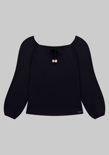 Blusa Manga Longa Bufante Plus Size com Amarração, PRETO REATIVO. Blusa Manga Longa Bufante Plus Size com Amarração, PRETO REATIVO, large.