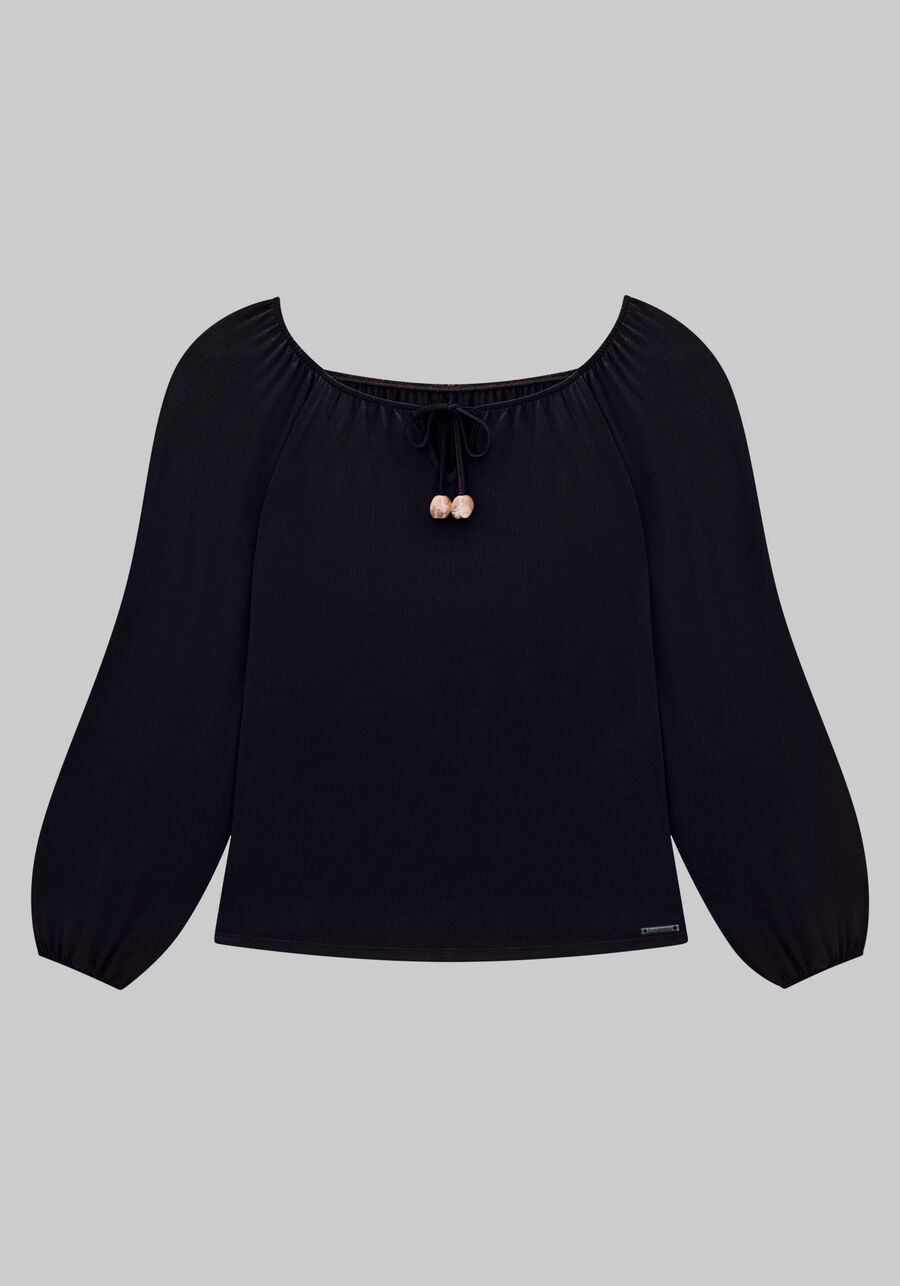 Blusa Manga Longa Bufante Plus Size com Amarração, PRETO REATIVO. Blusa Manga Longa Bufante Plus Size com Amarração, PRETO REATIVO, large.