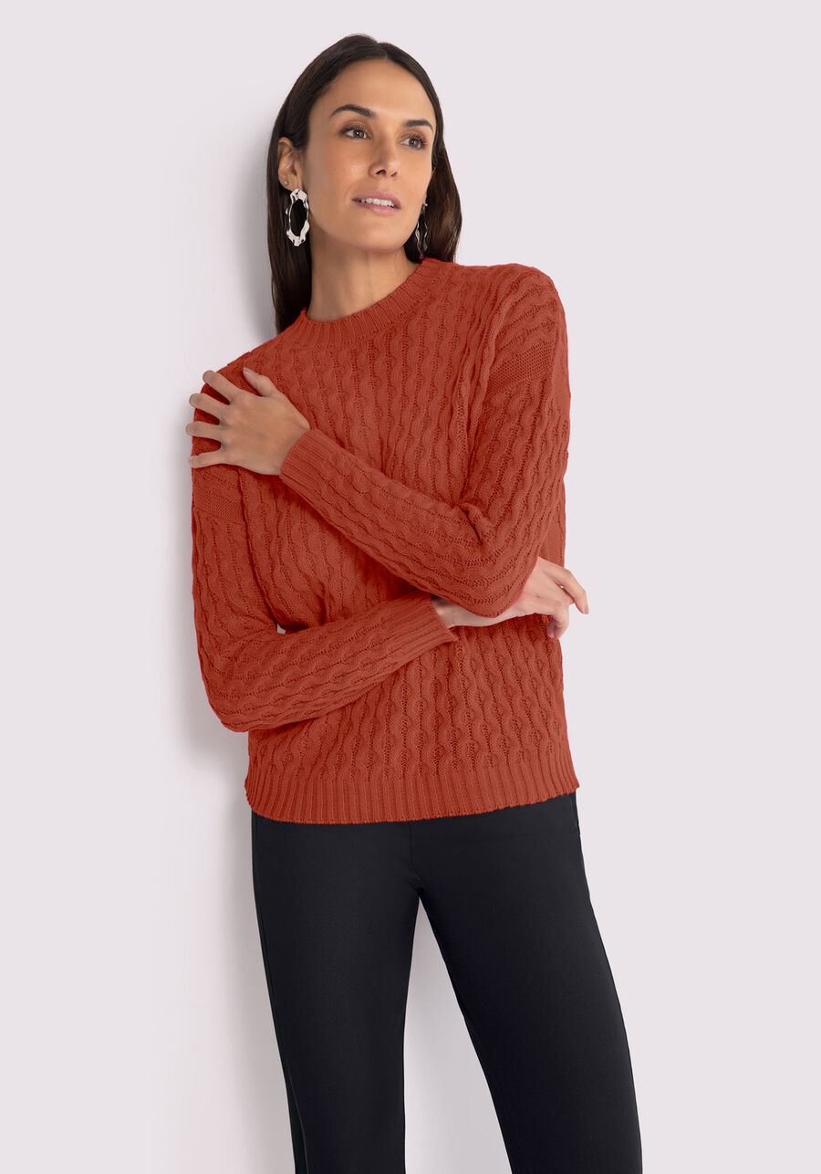 Blusão em Tricô com Textura, LARANJA FERRUGEM. Blusão em Tricô com Textura, LARANJA FERRUGEM, large.