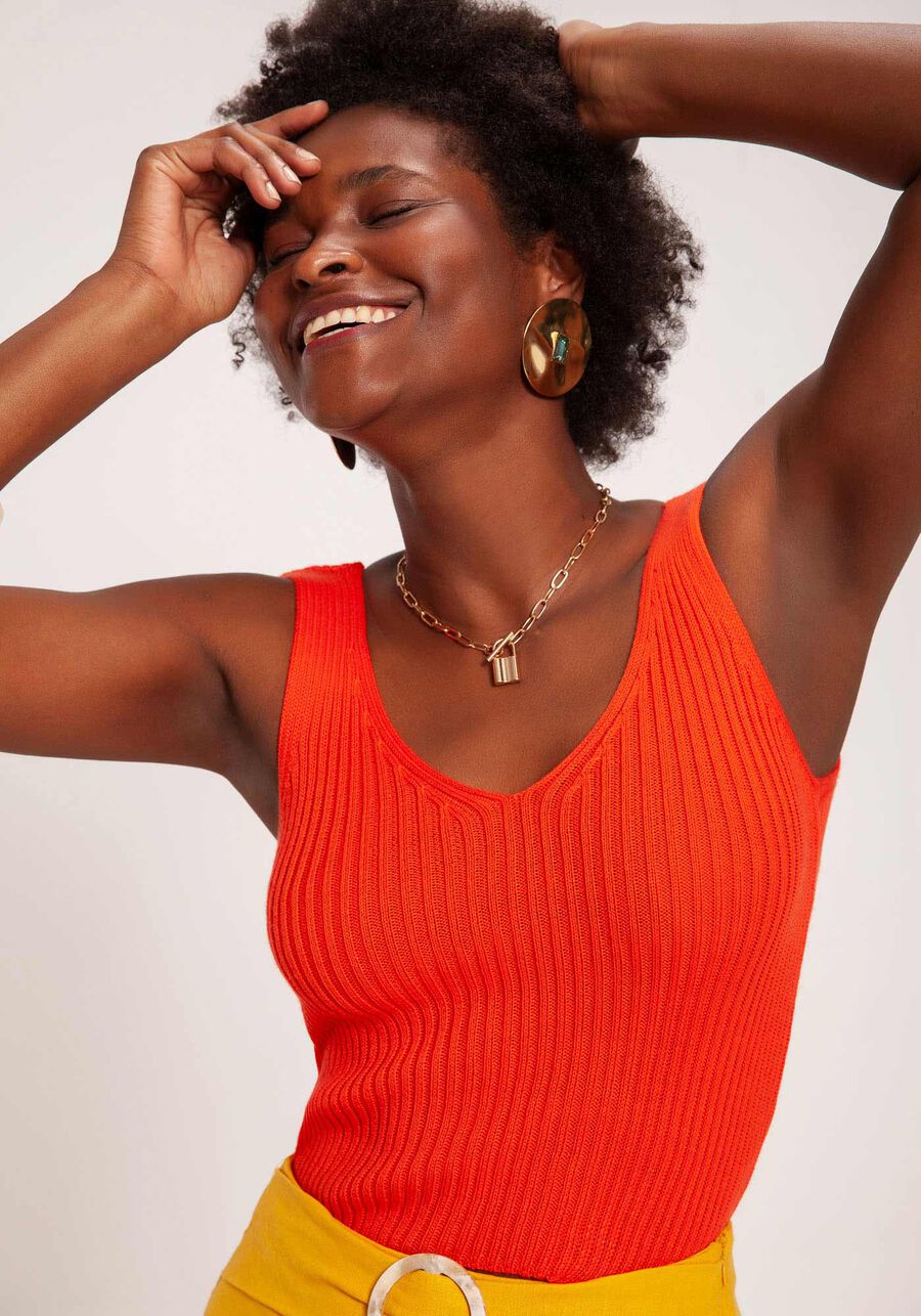 Blusa em Tricô Canelado com Decote V, LARANJA MAMAO. Blusa em Tricô Canelado com Decote V, LARANJA MAMAO, large.