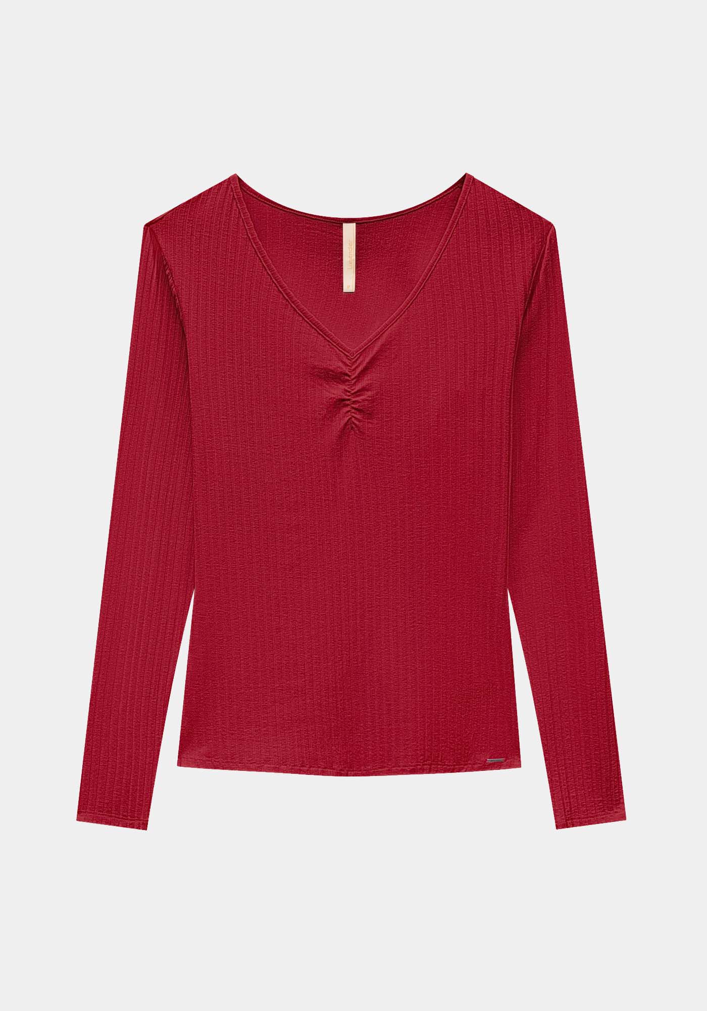 Blusa De Malha Canelada Com Mangas Longas E Decote Em V, , large.