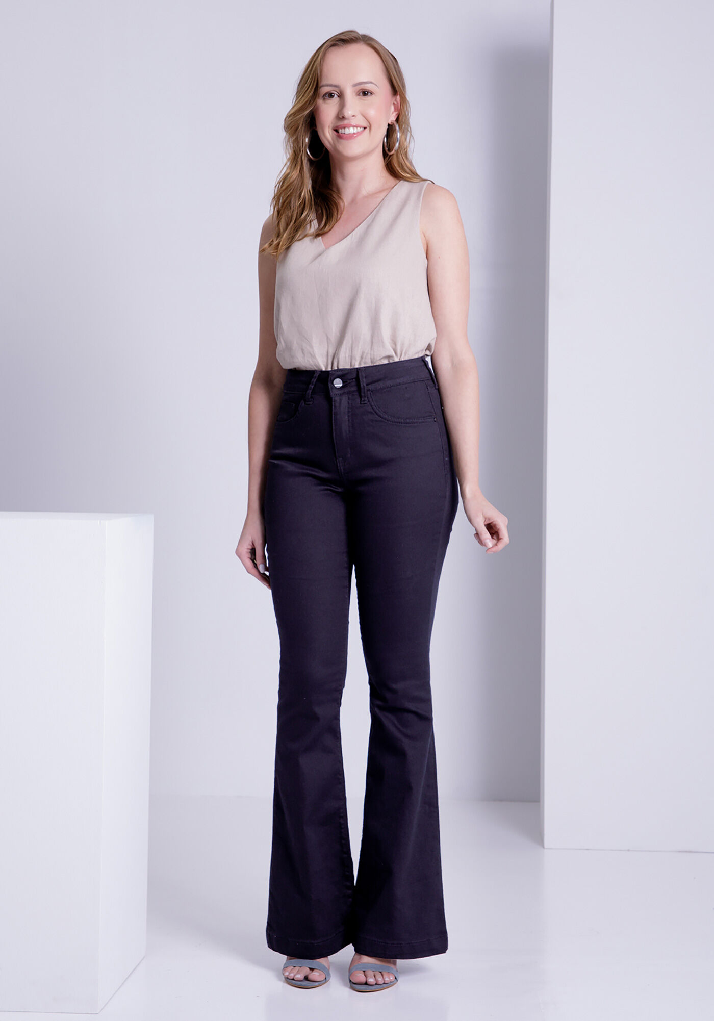 Cal&ccedil;a Flare De Cintura Alta Em Sarja Amaciada Para Pequenas, PRETO REATIVO, large.