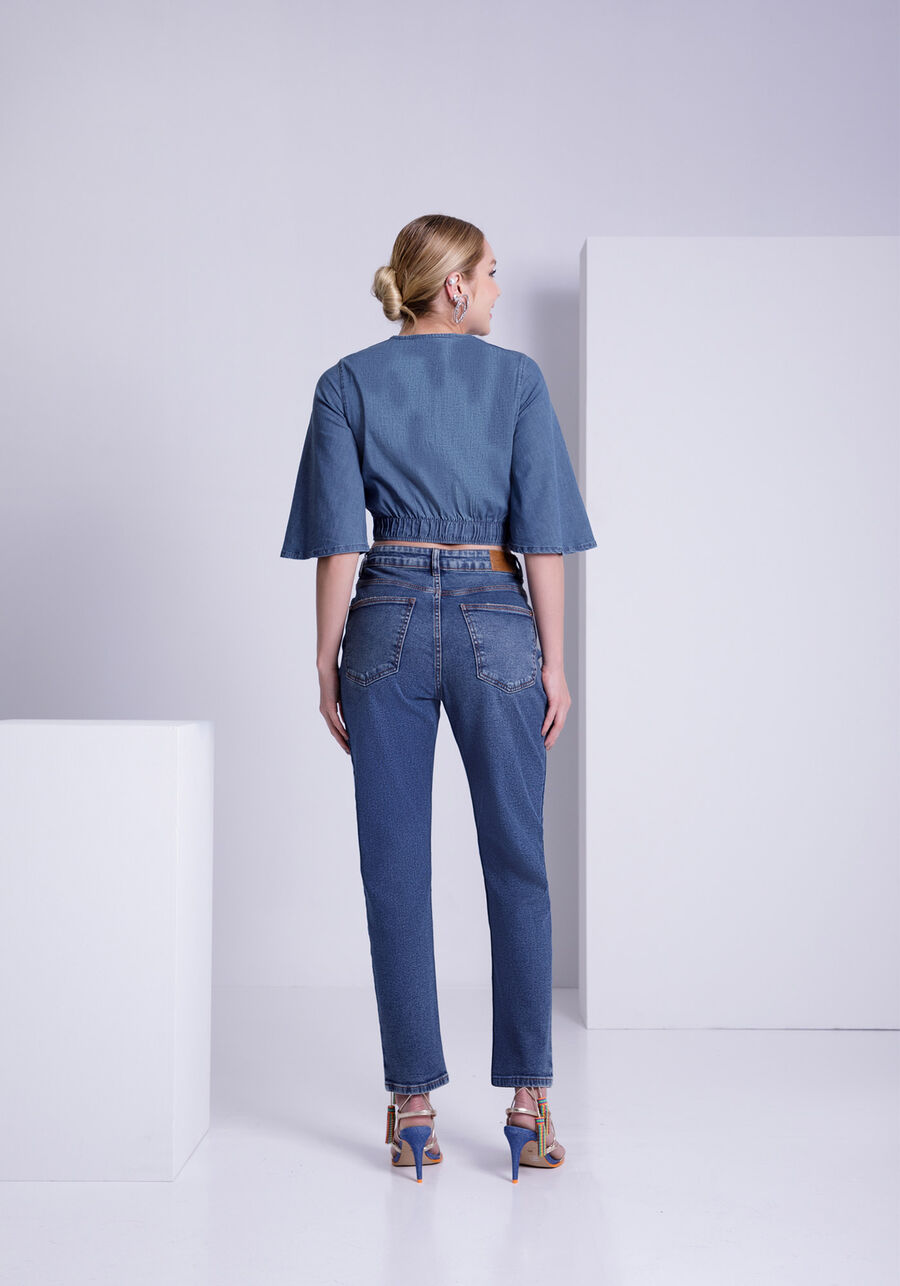 Blusa Jeans Cropped com Manga Flare, JEANS. Blusa Jeans Cropped com Manga Flare, JEANS, large.