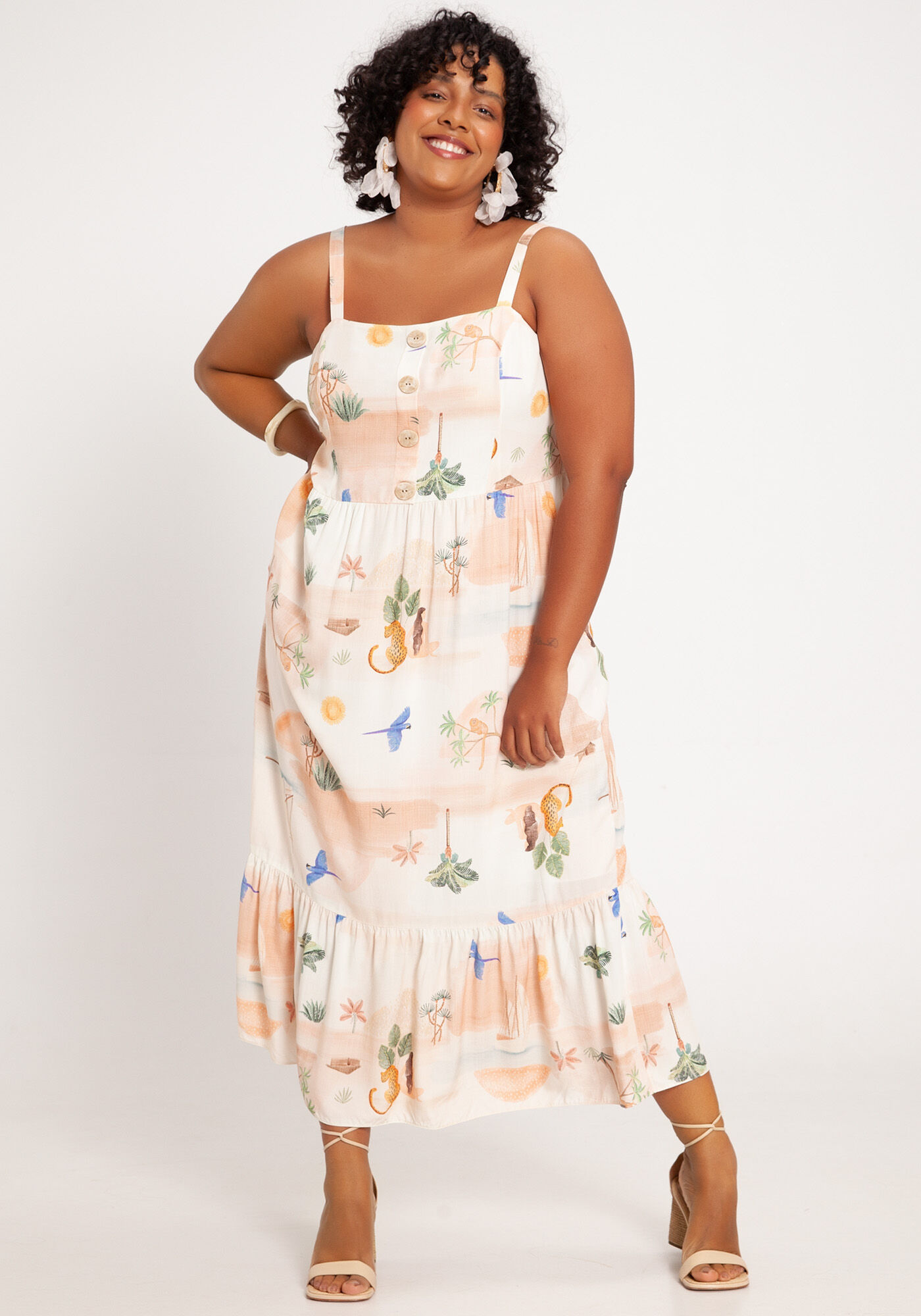 Vestido Midi Plus Size Estampado com Babado Lunender