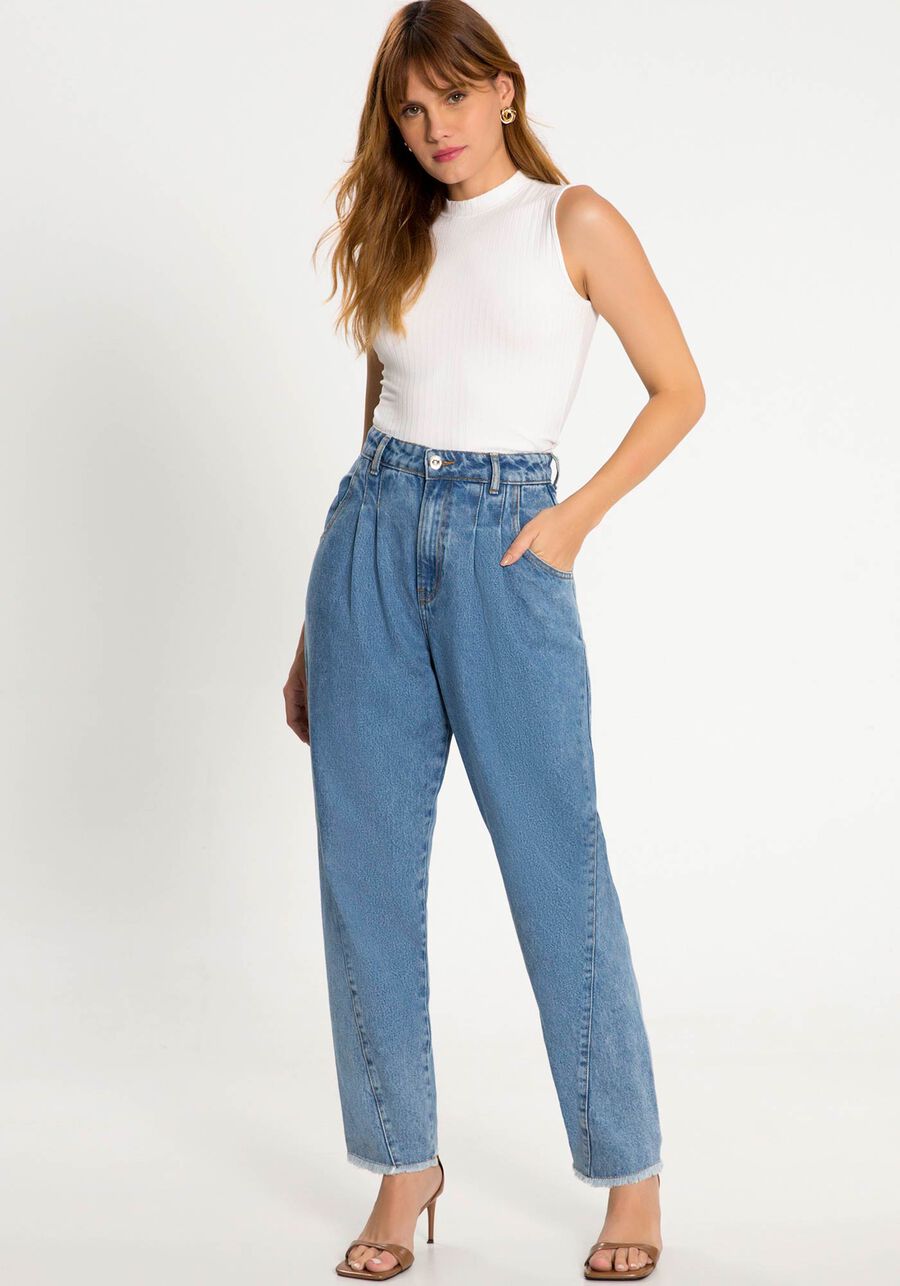 Calça Jeans Slouchy com Cintura Alta e Pregas, . Calça Jeans Slouchy com Cintura Alta e Pregas, , large.